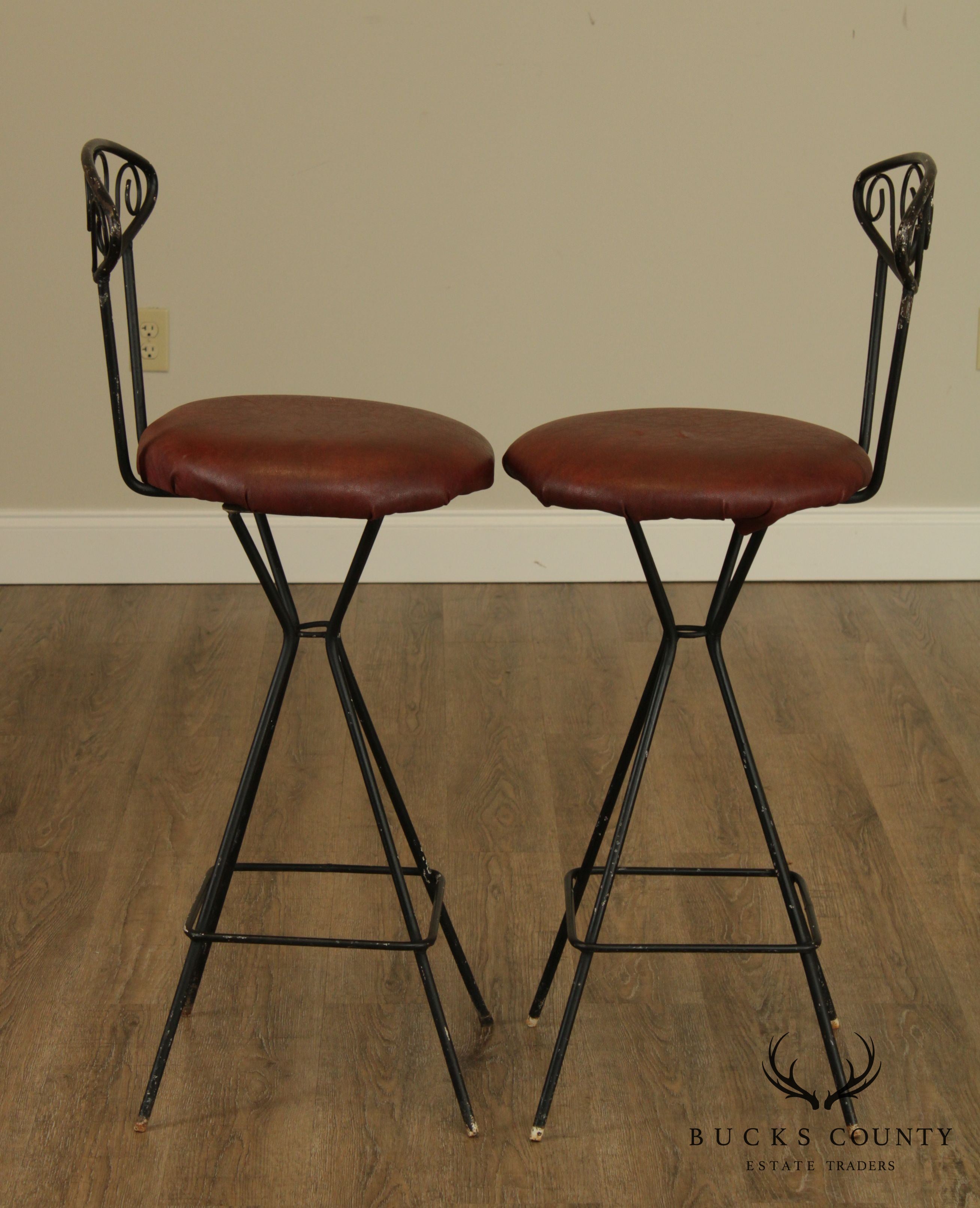 Mid Century Modern Pair Wrought Iron Barstools
