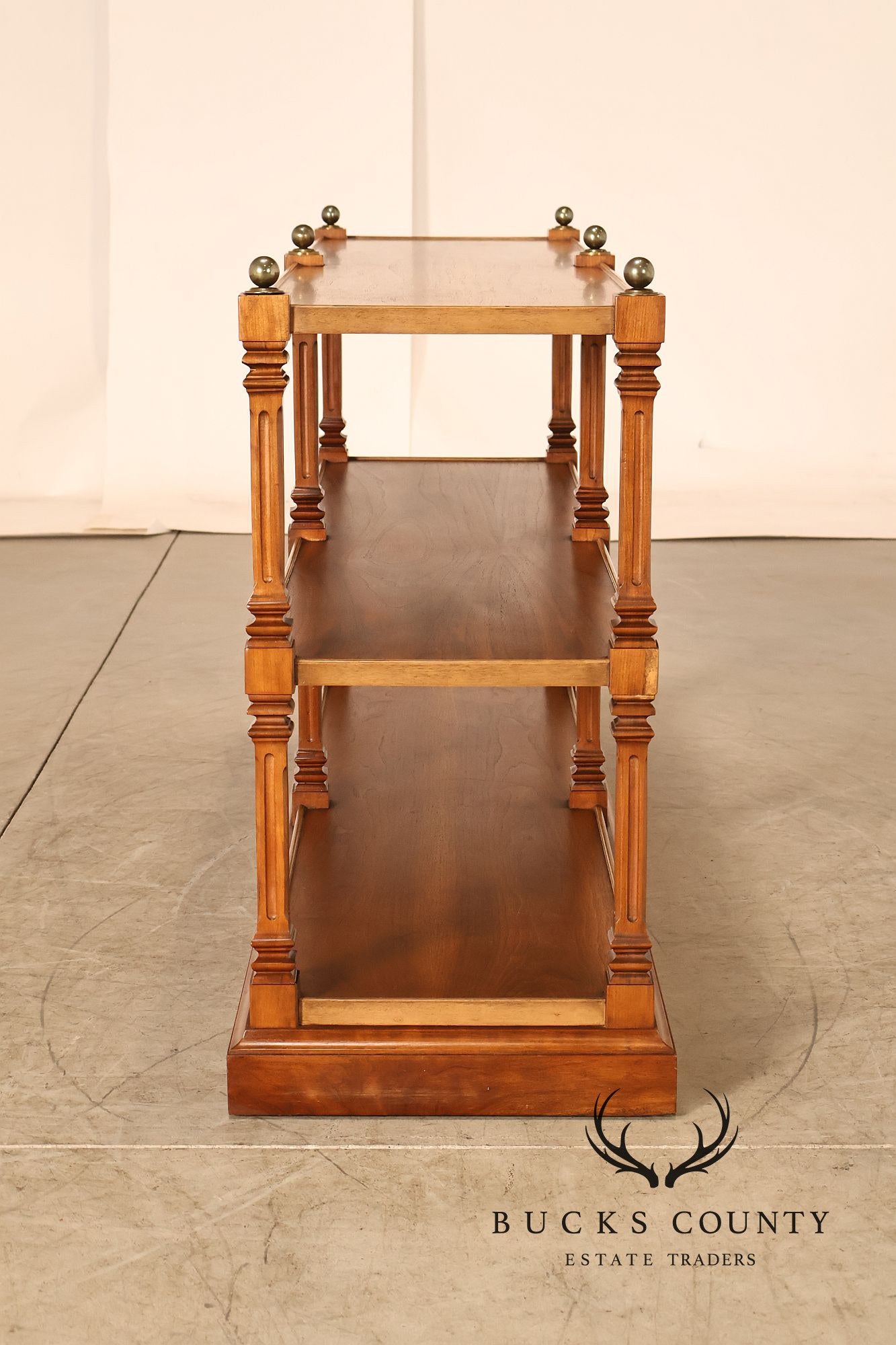 Brandt Furniture Regency Style Walnut Three-Tier Open Etagere Bookcase With Brass Ball Finials