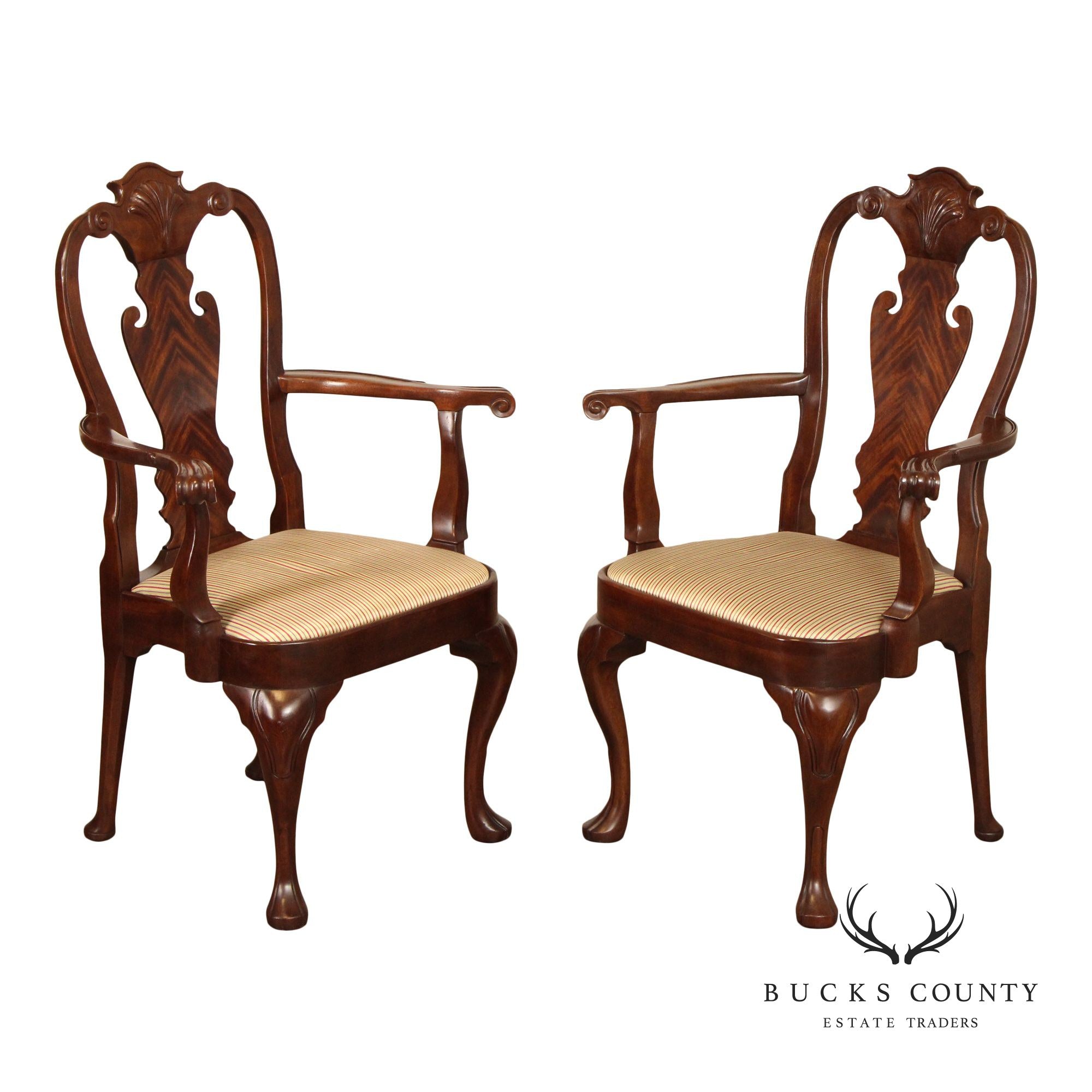 Queen Anne Style Pair of Carved Mahogany Armchairs