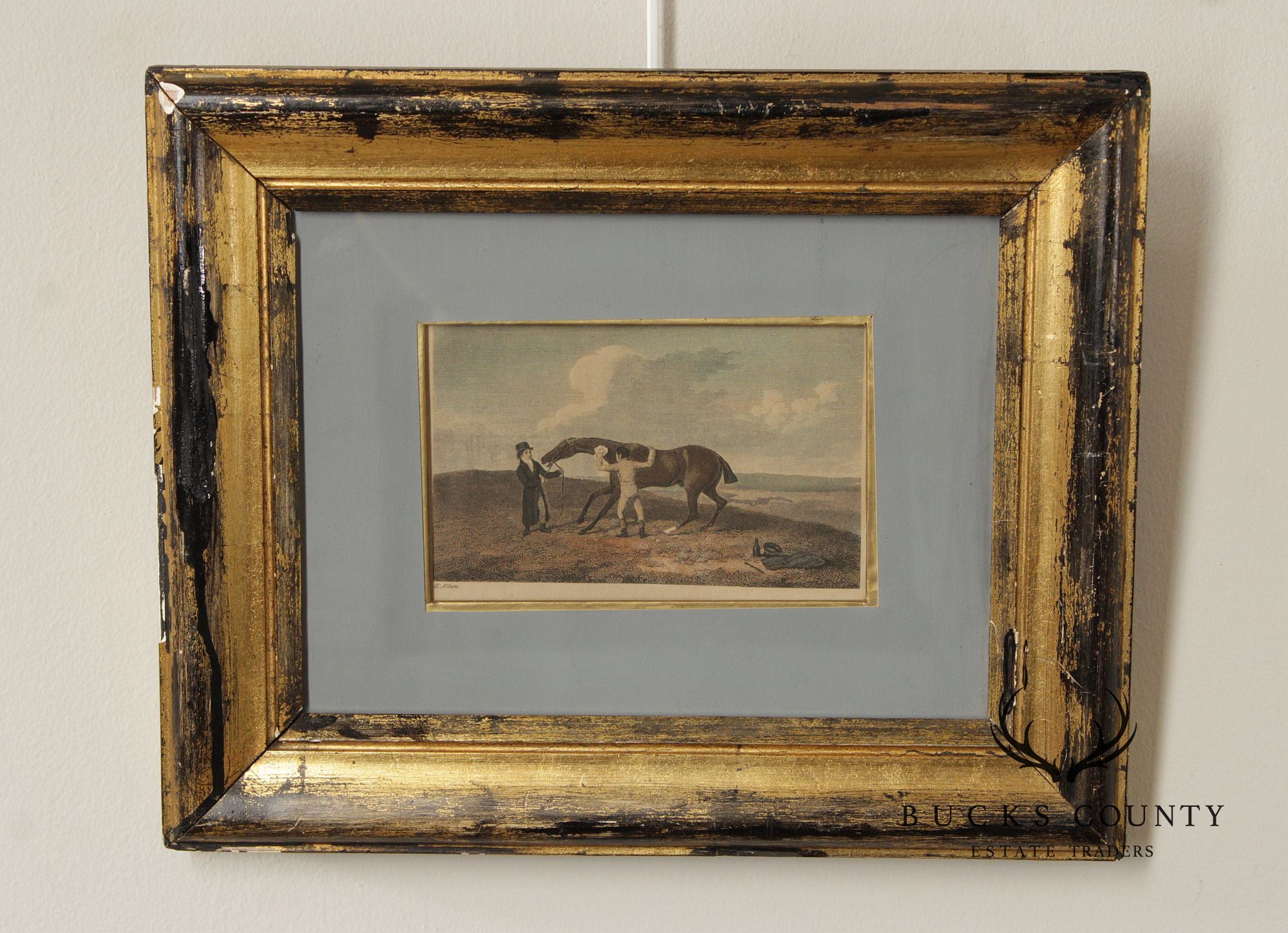English Traditional Antique Framed Equestrian Print, 'Rubbing Down'