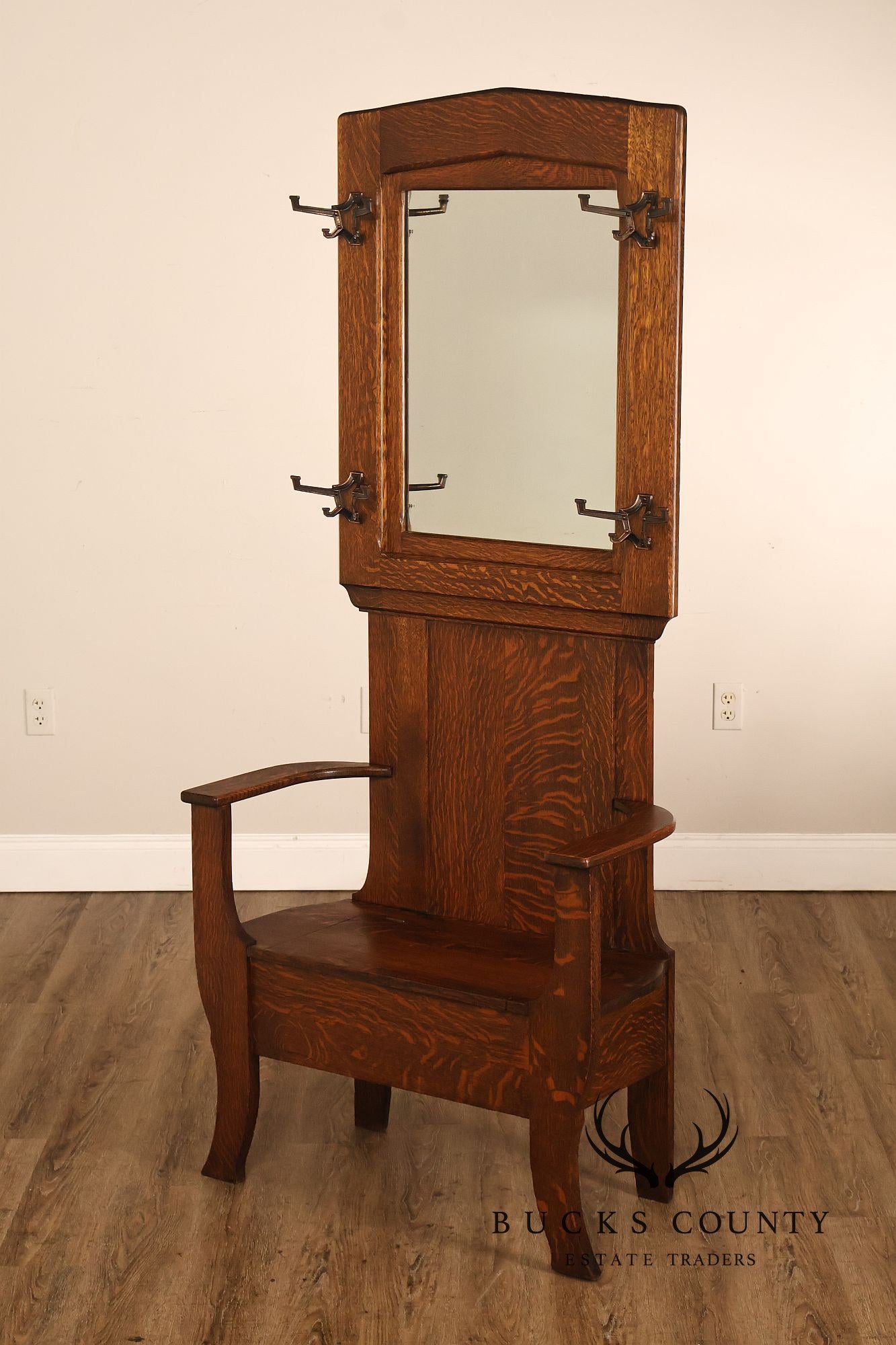 Antique Arts And Crafts Oak Mirrored Hall Seat