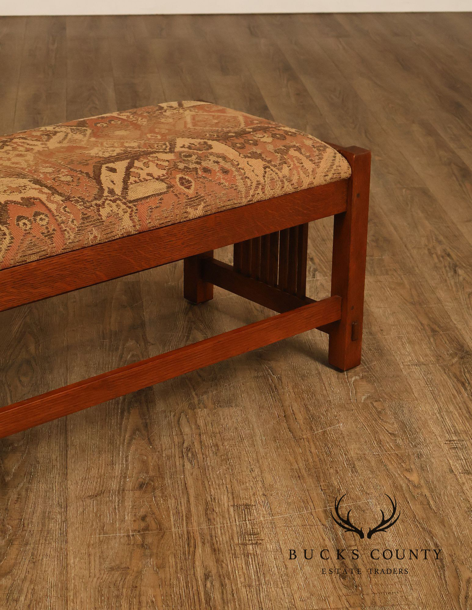 Stickley Mission Collection Oak Spindle Bench With Upholstered Seat