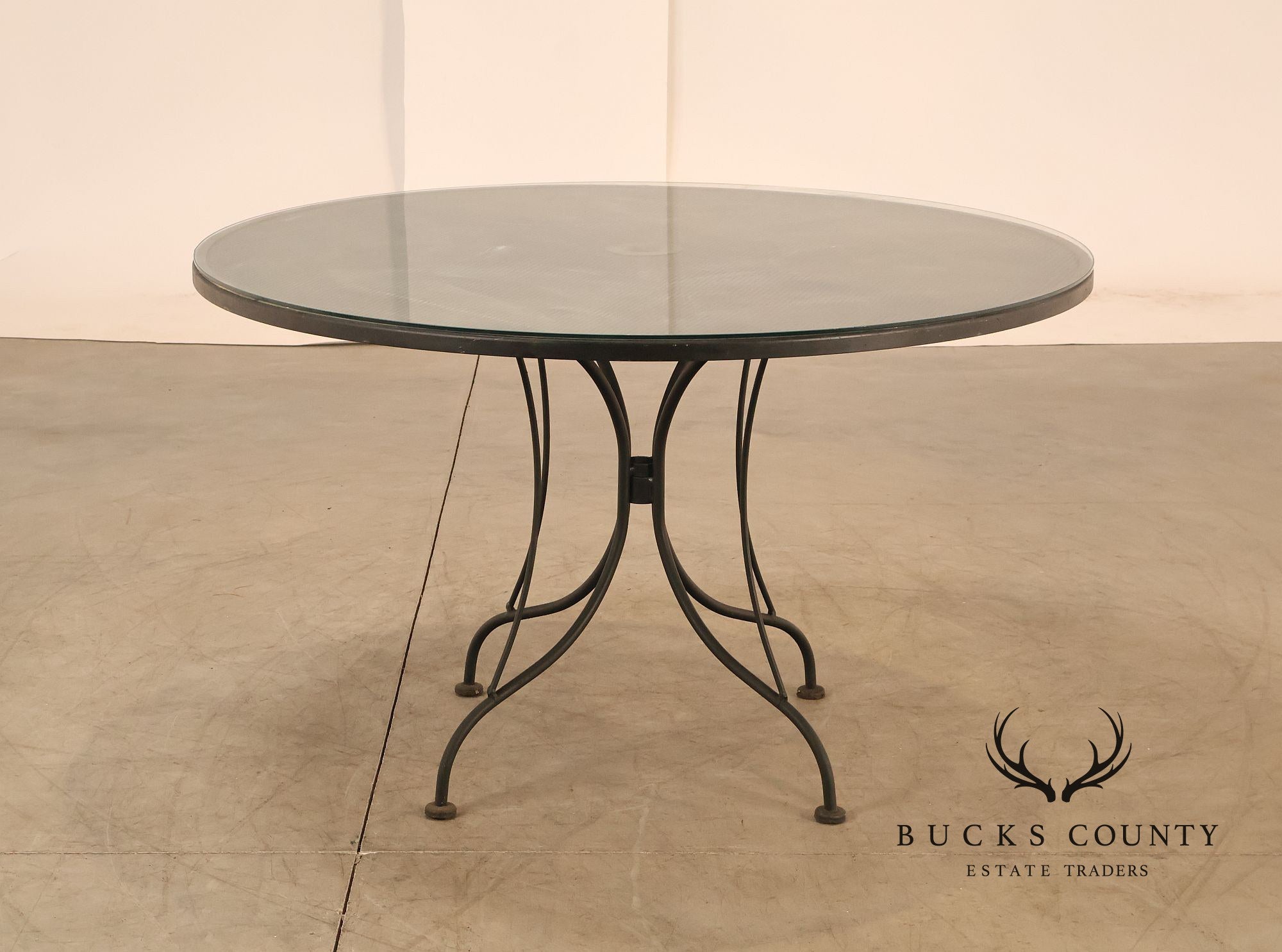 Vintage Round Glass Top Wrought Iron Outdoor Patio Dining Table