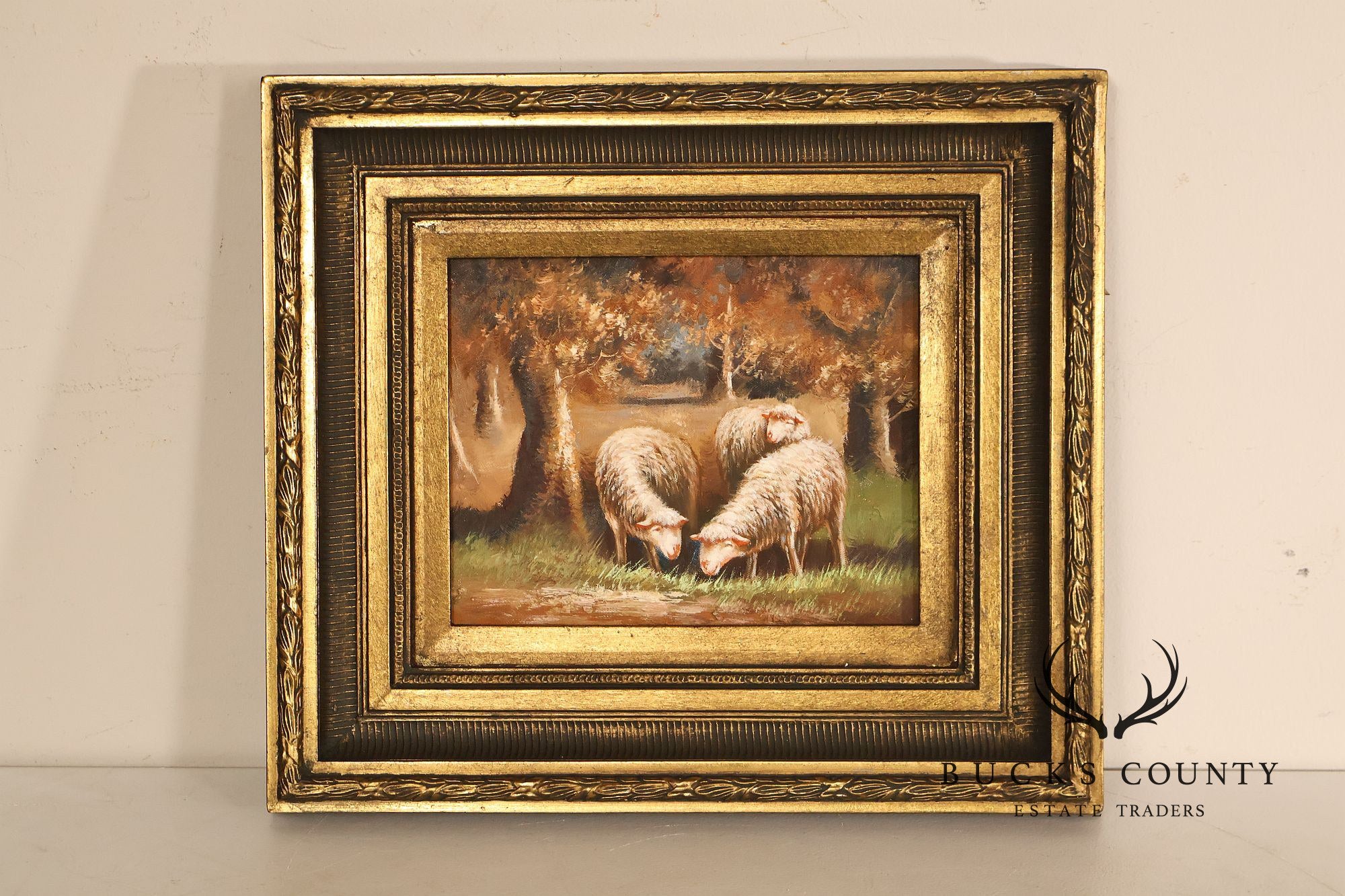 Continental Style Pair of Pastoral Landscape Paintings With Sheep