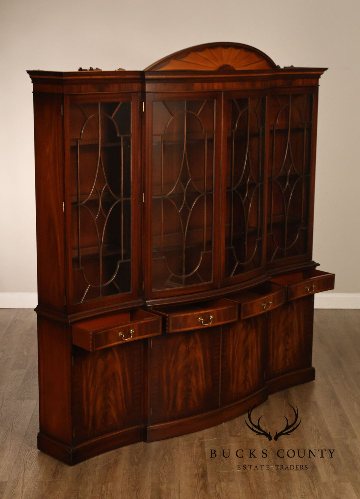 Bevan Funnell Reprodux English Georgian Style Inlaid Mahogany Breakfront