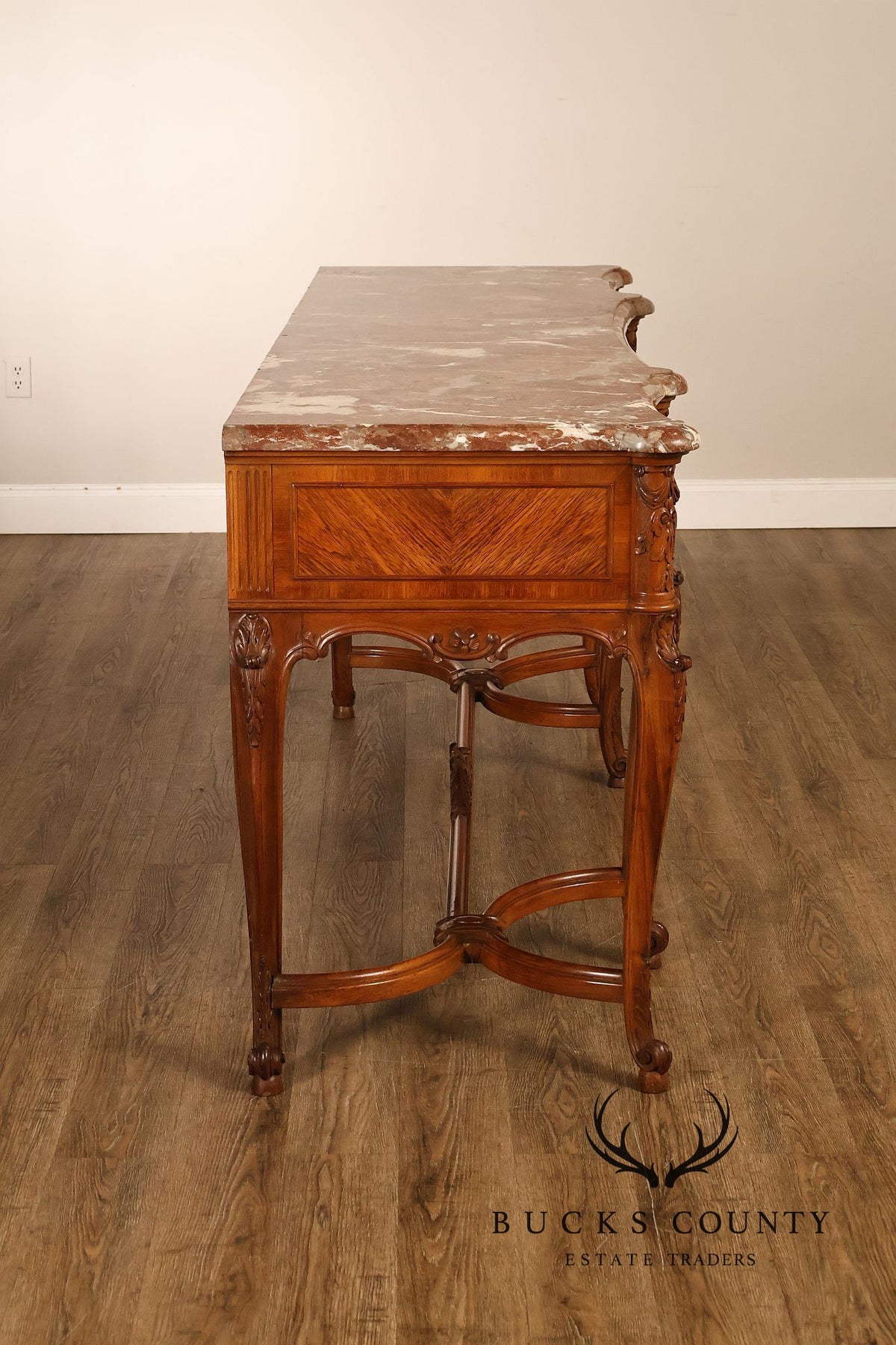 Antique French Louis XV Style Carved Walnut Marble Top Sideboard