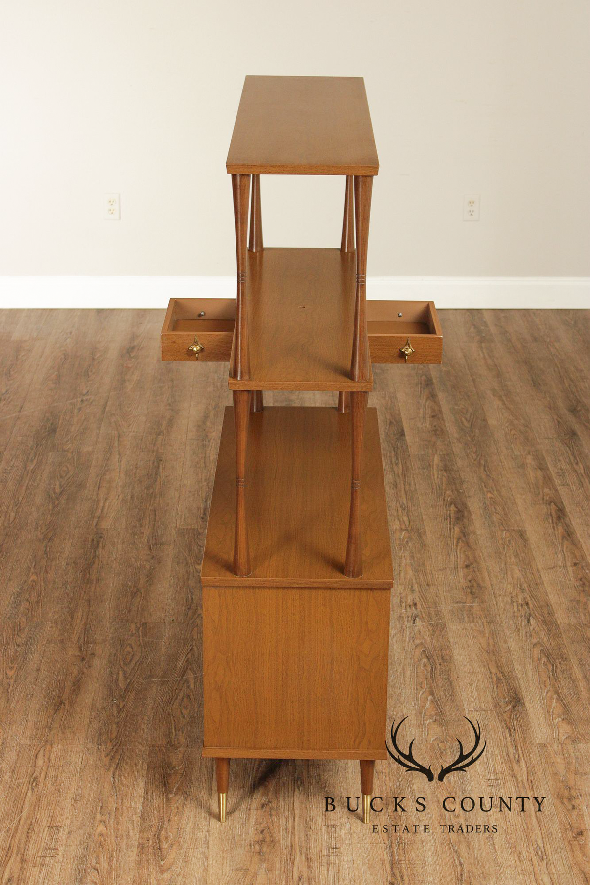 Mid Century Modern Walnut Room Divider Étagère With Brass Accents