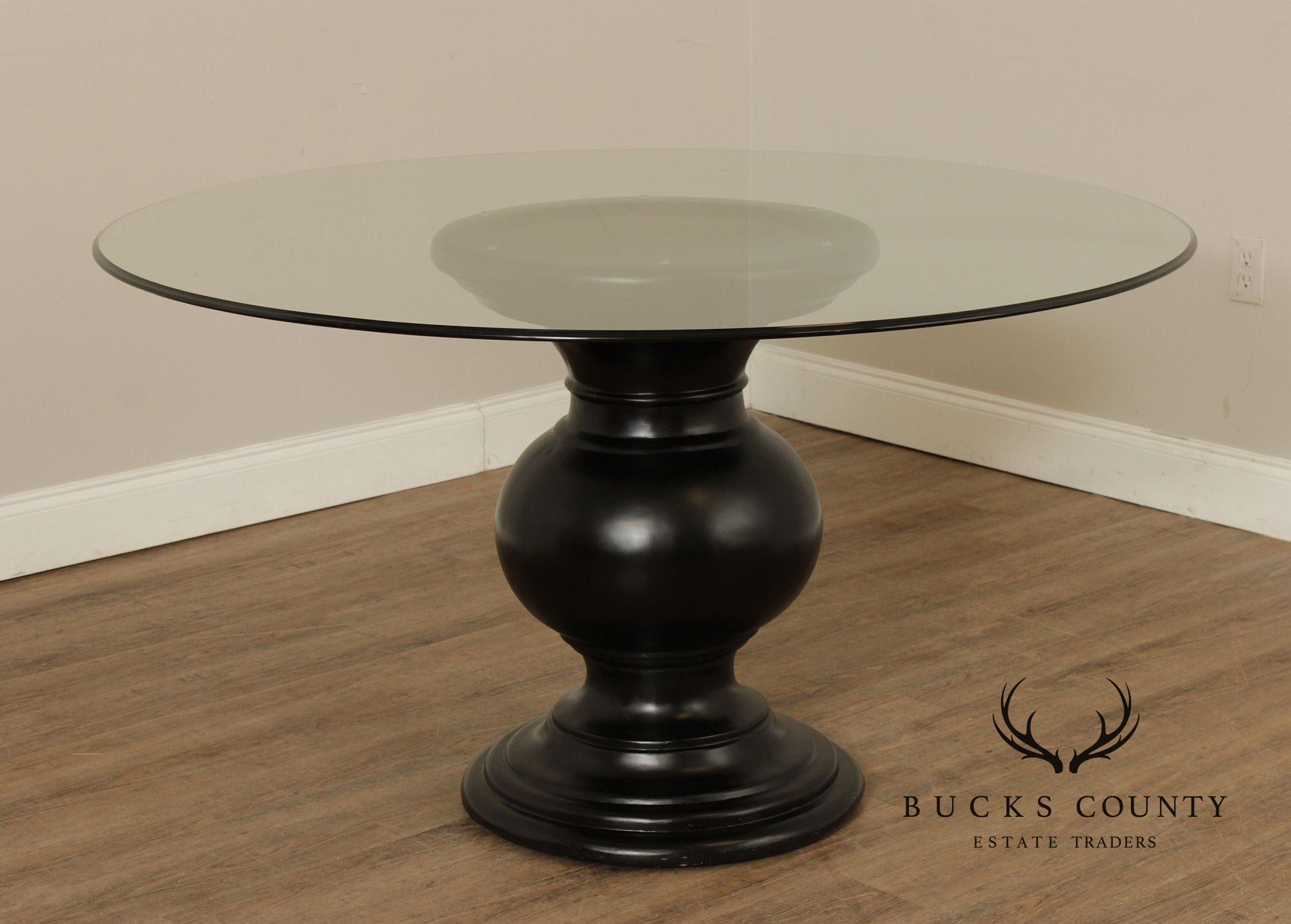 Contemporary Round Glass Top Ebonized Pedestal Dining Table