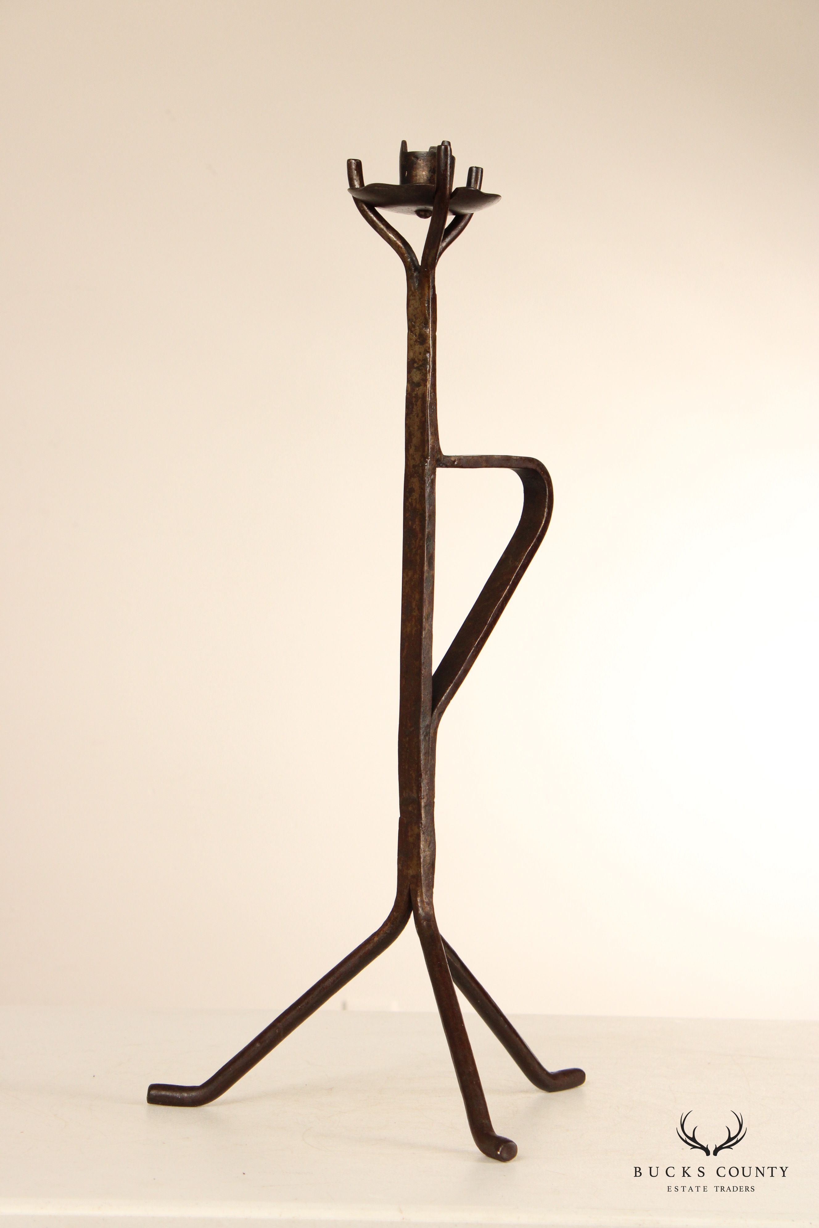 Mid Century Pair Of Hand Forged Tabletop Candelabras