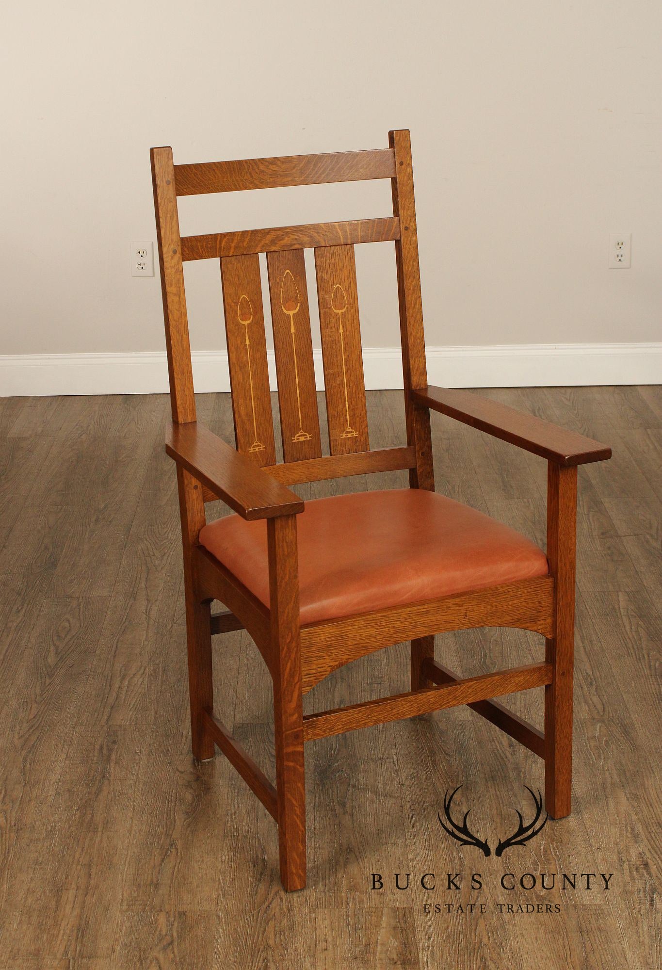 Stickley Mission Collection Pair of Harvey Ellis Inlaid Oak Dining Armchairs