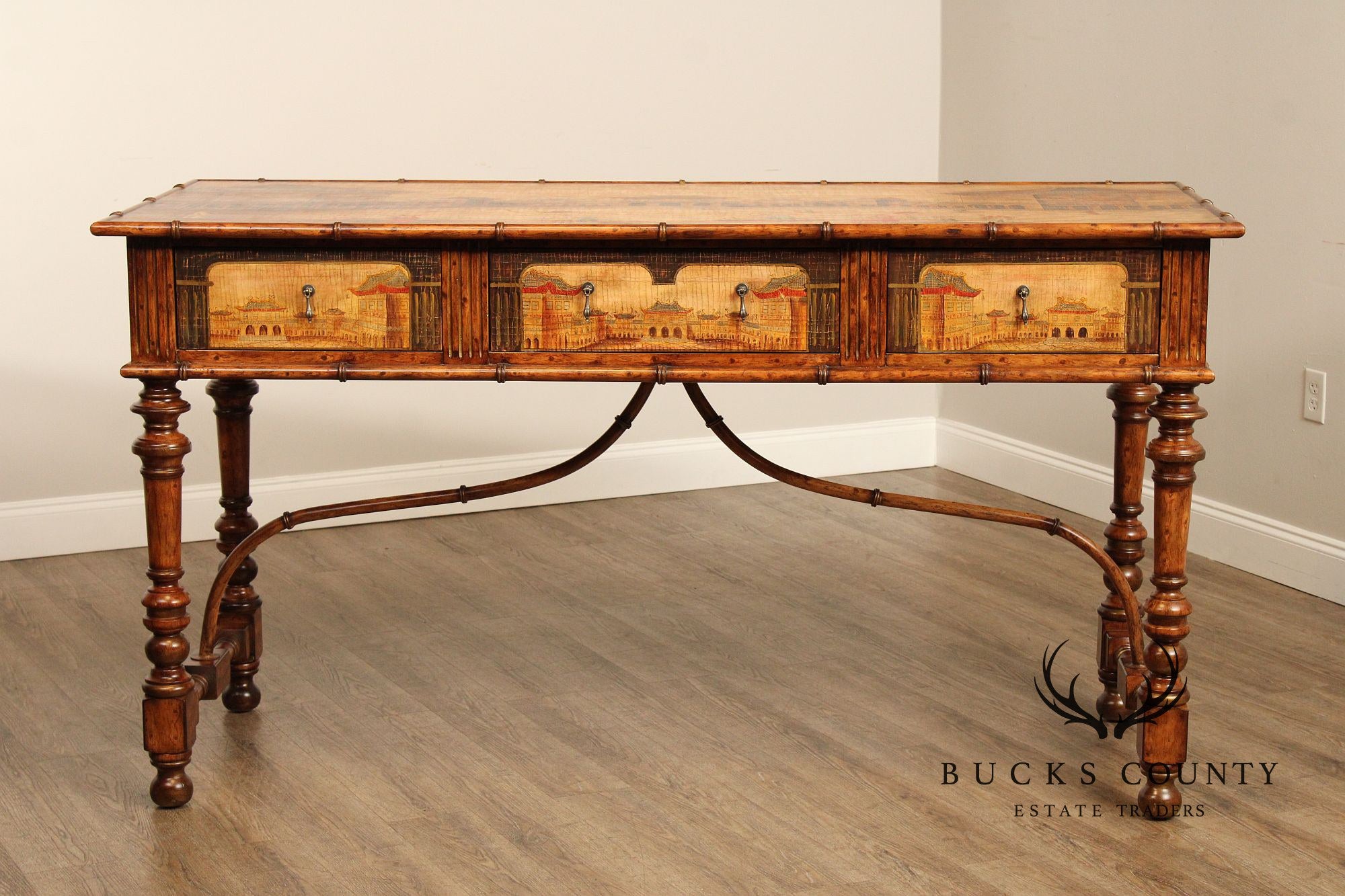 Chinoiserie Decorated Large Three Drawer Console Sideboard