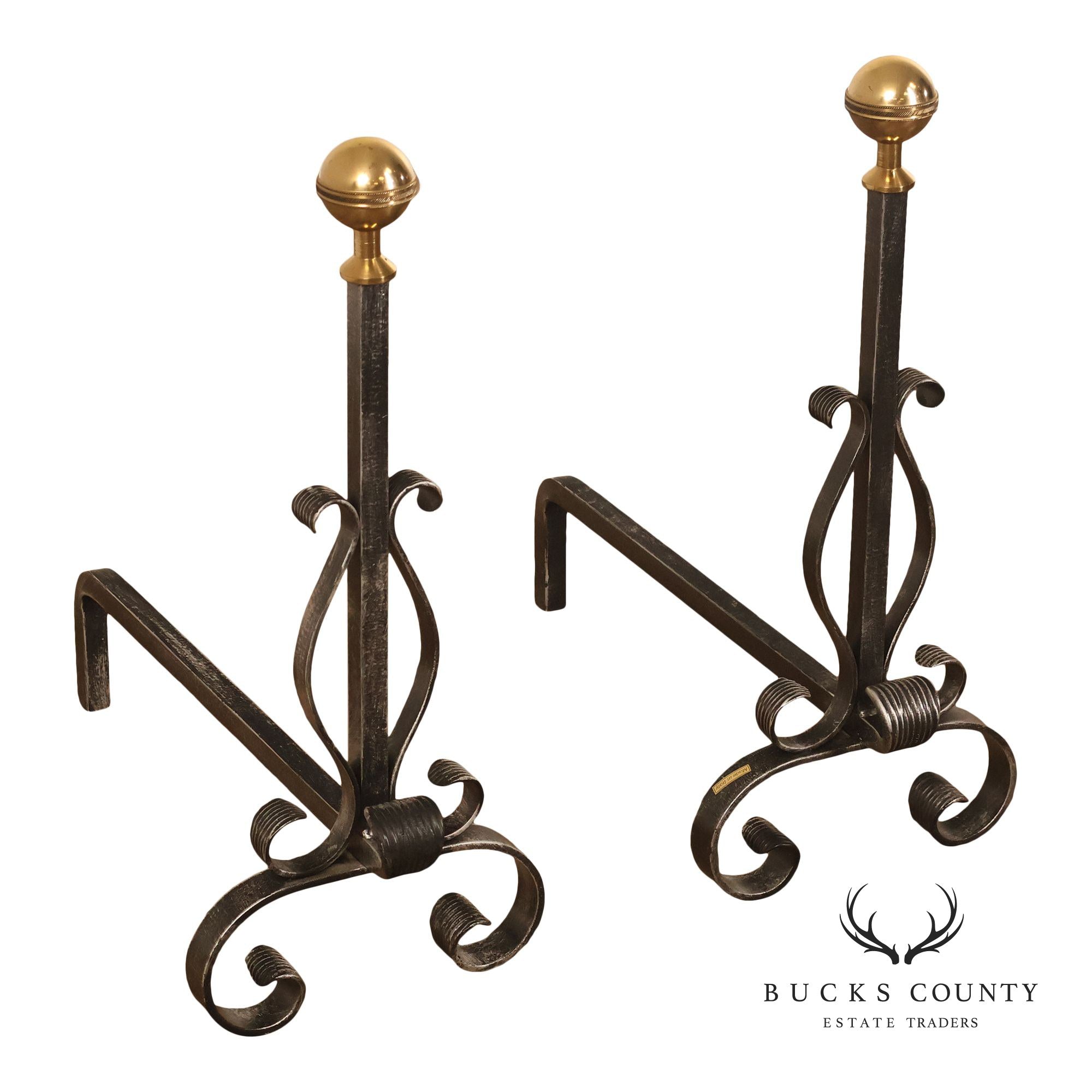 Pair of Italian Wrought Iron And Brass Fireplace Andirons