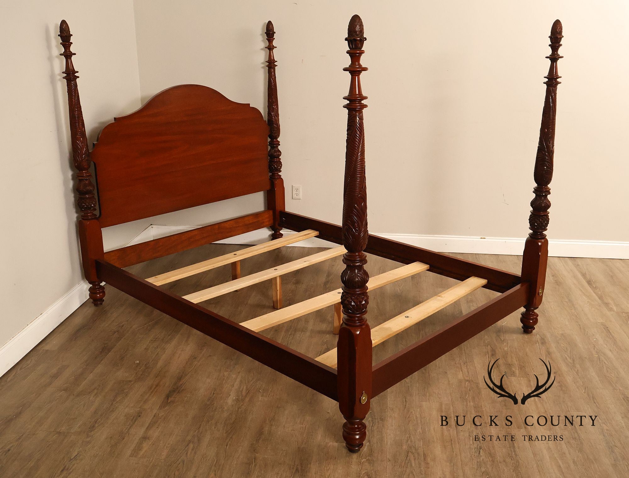 Carved Mahogany Four-Poster Queen Bed Frame