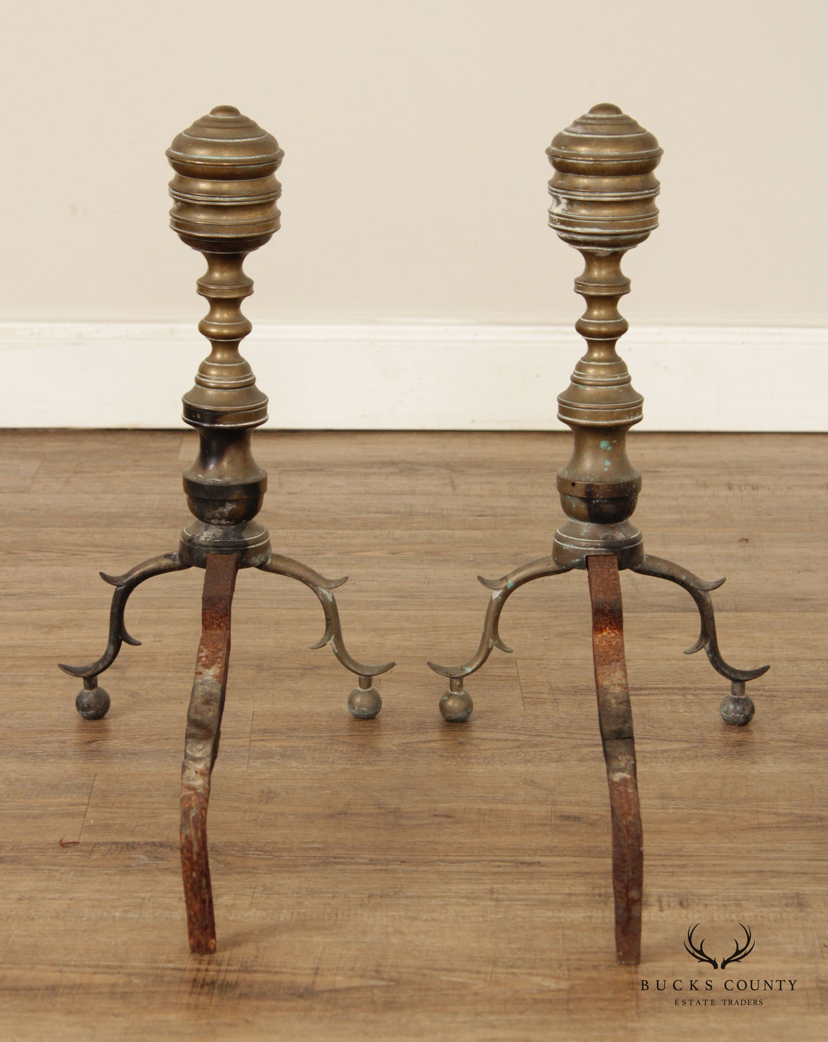 Antique Pair Federal Style Brass Andirons