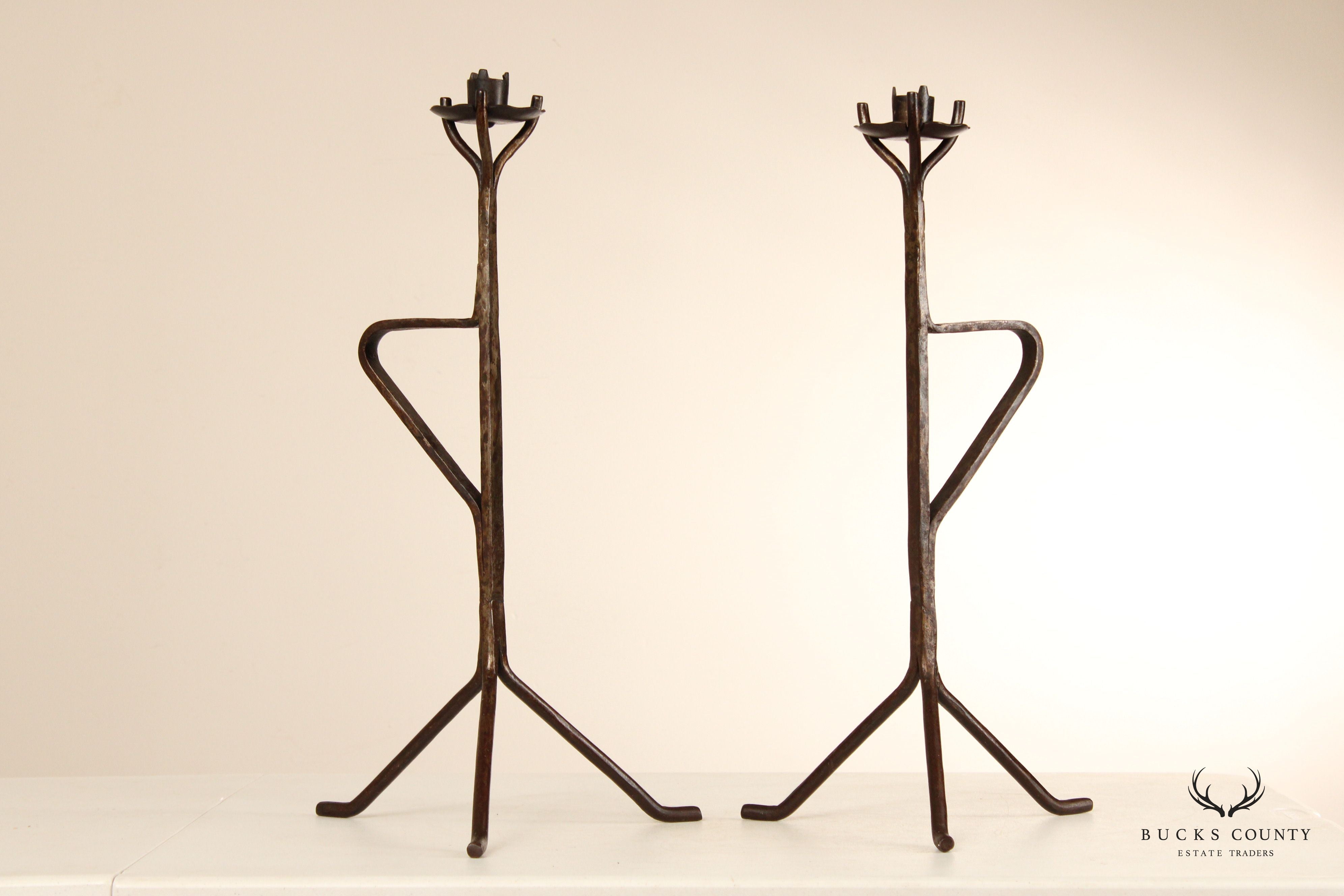 Mid Century Pair Of Hand Forged Tabletop Candelabras