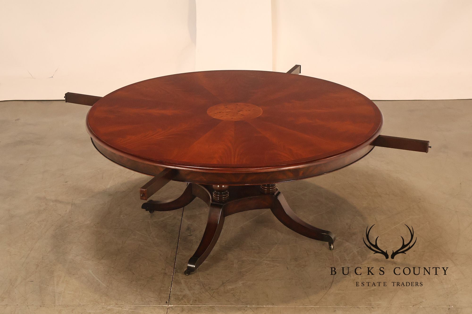 Theodore Alexander Regency Style Mahogany Round Dining Table With Expandable 4 Leaves