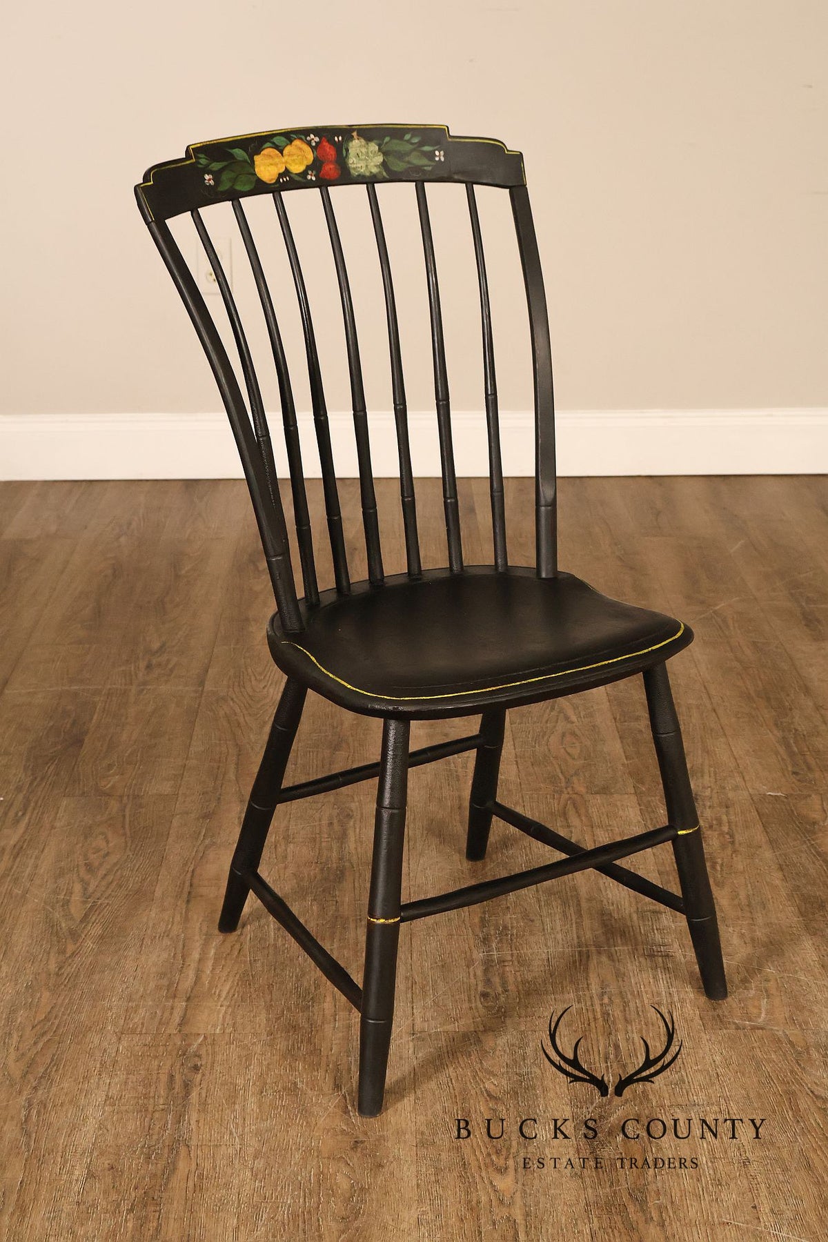 Vintage Stenciled Black Windsor Style Set Of Eight Dining Chairs