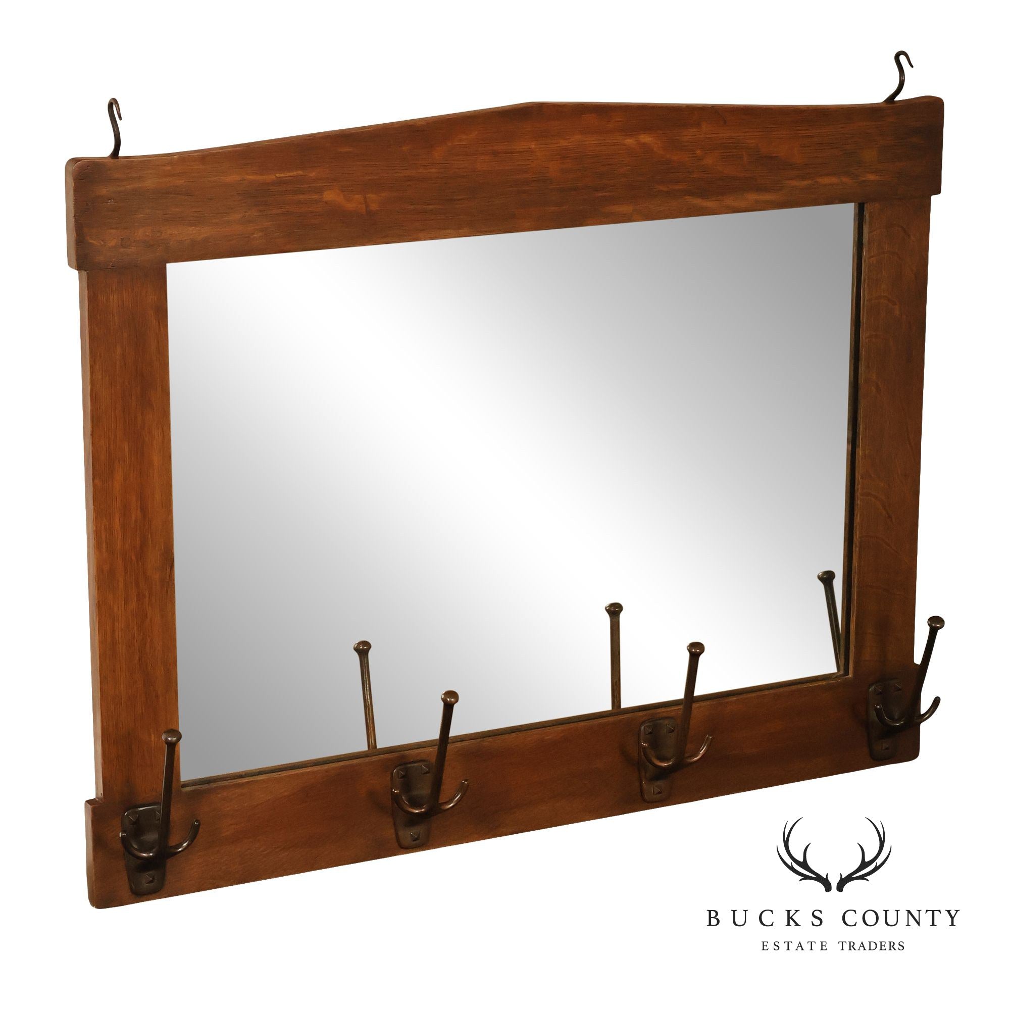 Gustav Stickley Antique Mission Oak Wall Mirror With Coat Hooks #66