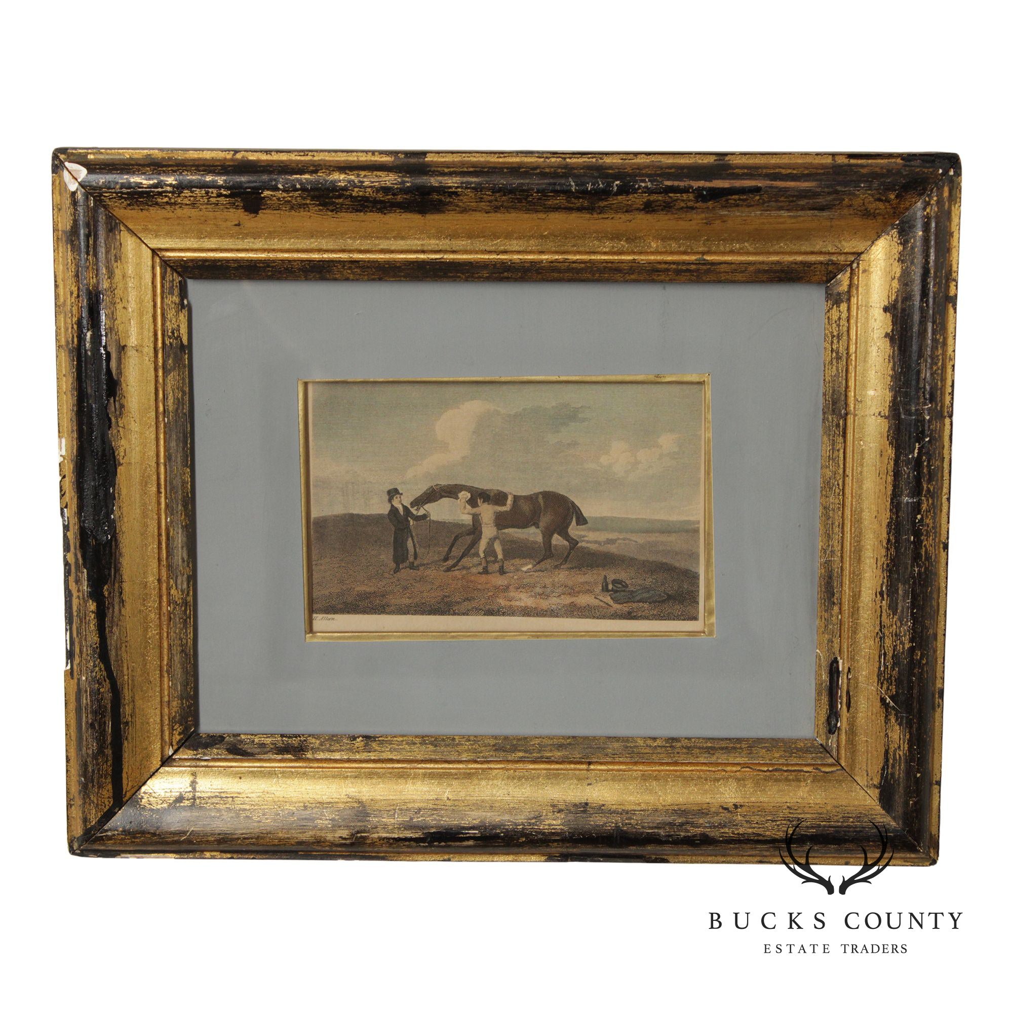 English Traditional Antique Framed Equestrian Print, 'Rubbing Down'