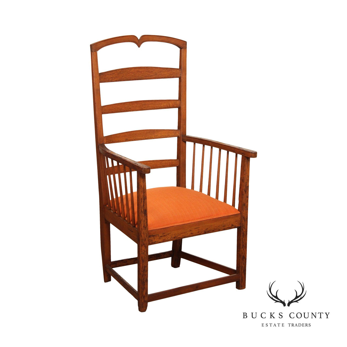 Antique Arts And Crafts Distressed Oak Tall Ladder Back Armchair