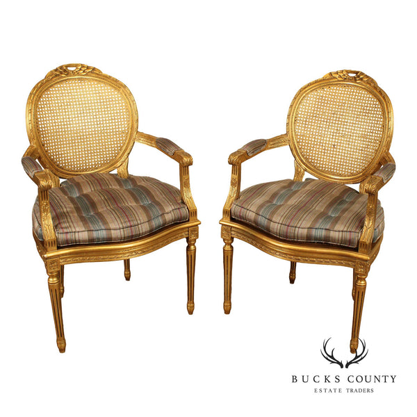 Decorative Crafts, Inc. Pair of French Louis XVI Style Caned Giltwood Fauteuil Armchairs