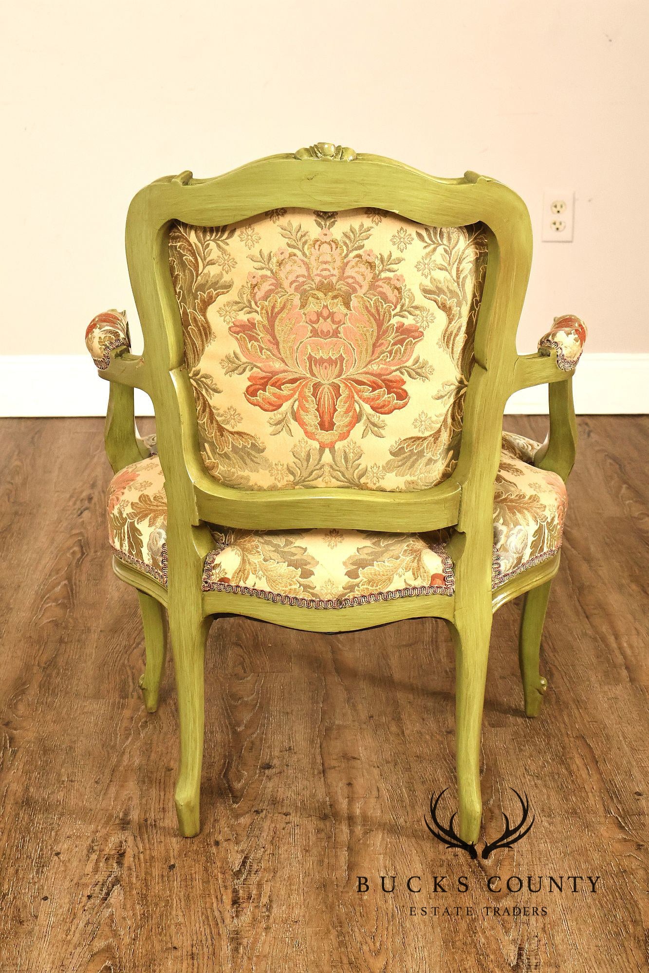 Vintage Louis XV Style Green Painted Floral Upholstered Armchair