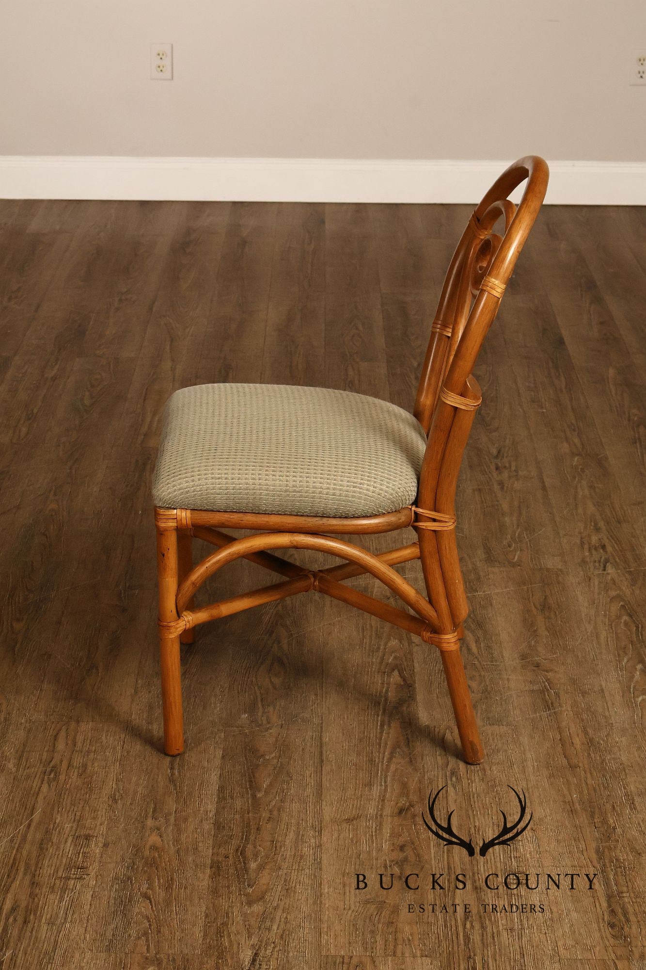 Coastal Style Pair Of Rattan Dining Chairs With Upholstered Seats