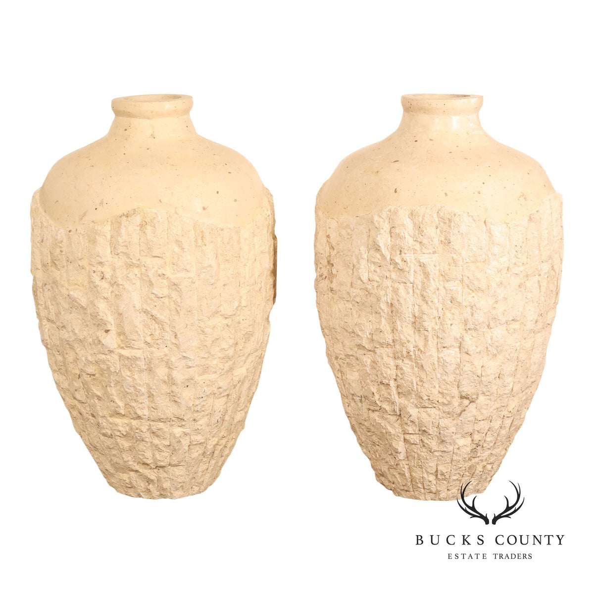 Pair Of Mactan Coral Limestone Tessellated Carved Stone Urns