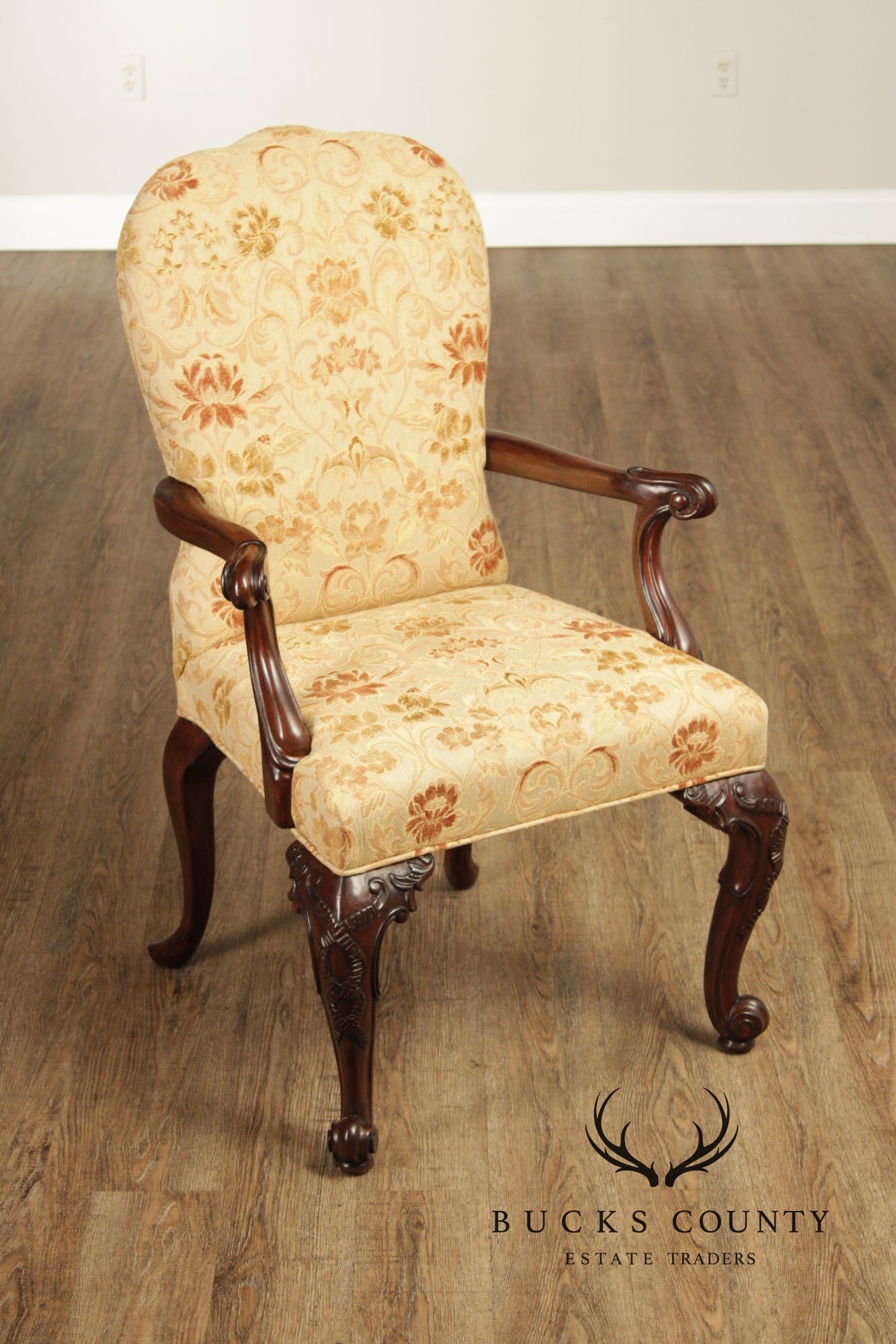 Henredon Scroll and Floral Upholstered Cabriole Leg Armchairs