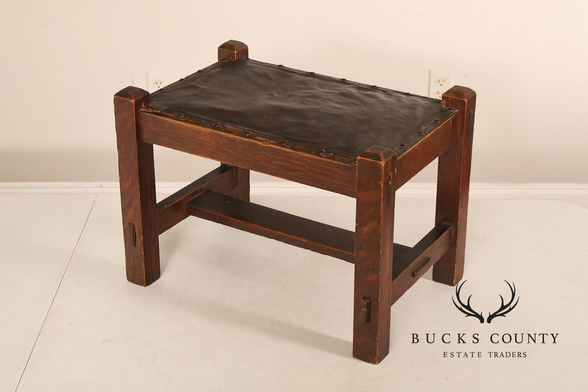 Arts And Crafts Oak Footstool With Leather Upholstered Seat