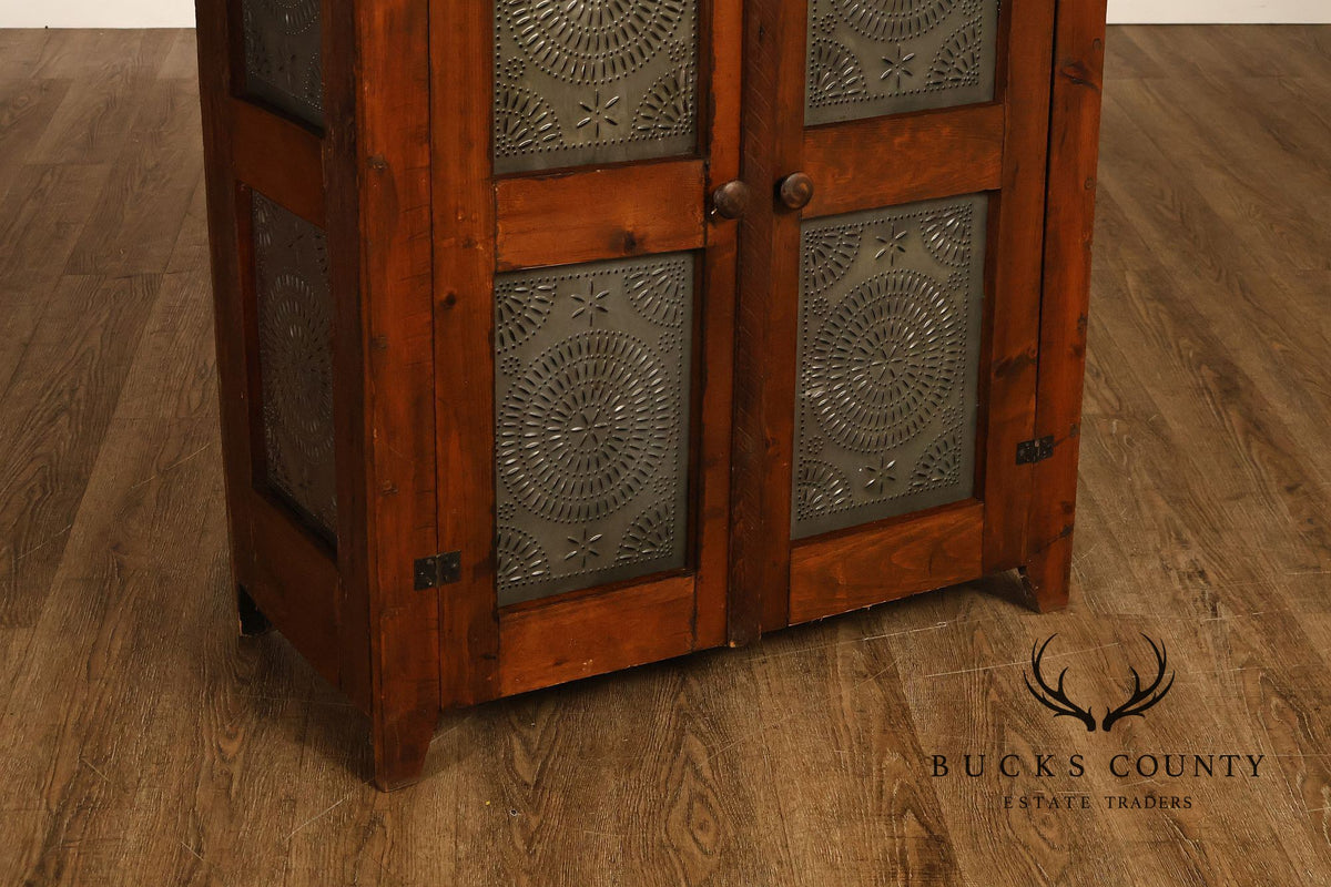 Antique American Country Pine Pie Safe Cabinet With Punched Tin Panels