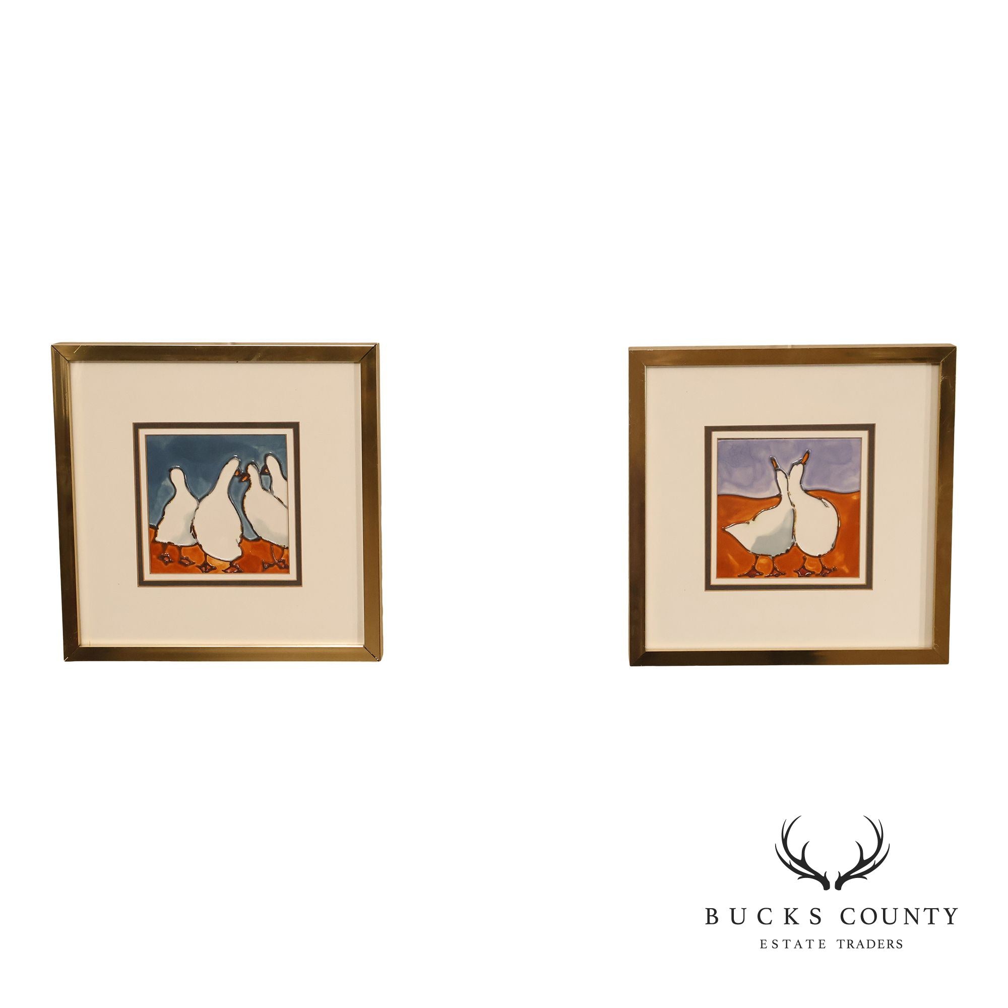 Pair of Harris G. Strong Framed Duck Ceramic Tile Matted Art