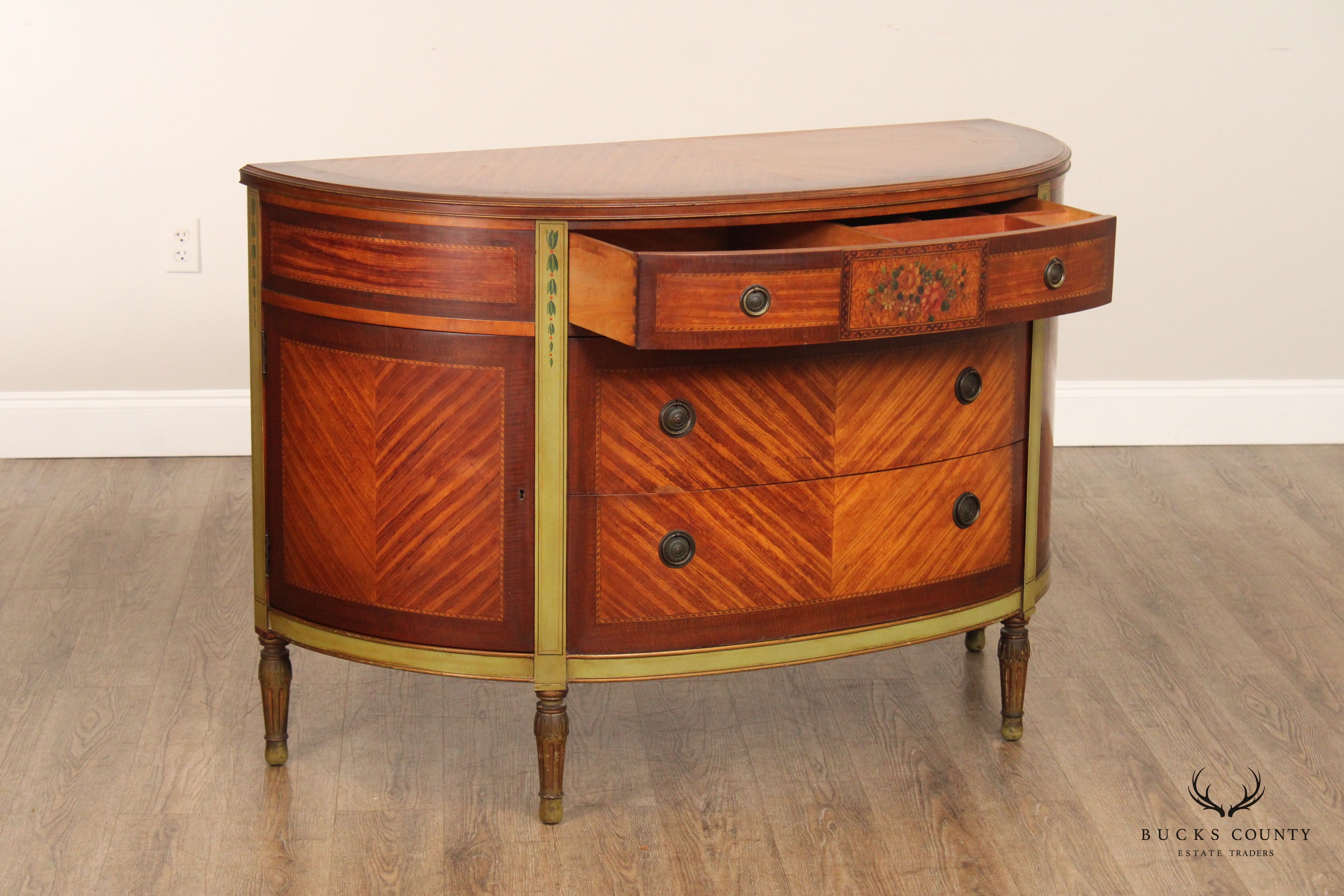 1930's French Louis XVI Style Satinwood Demilune Commode