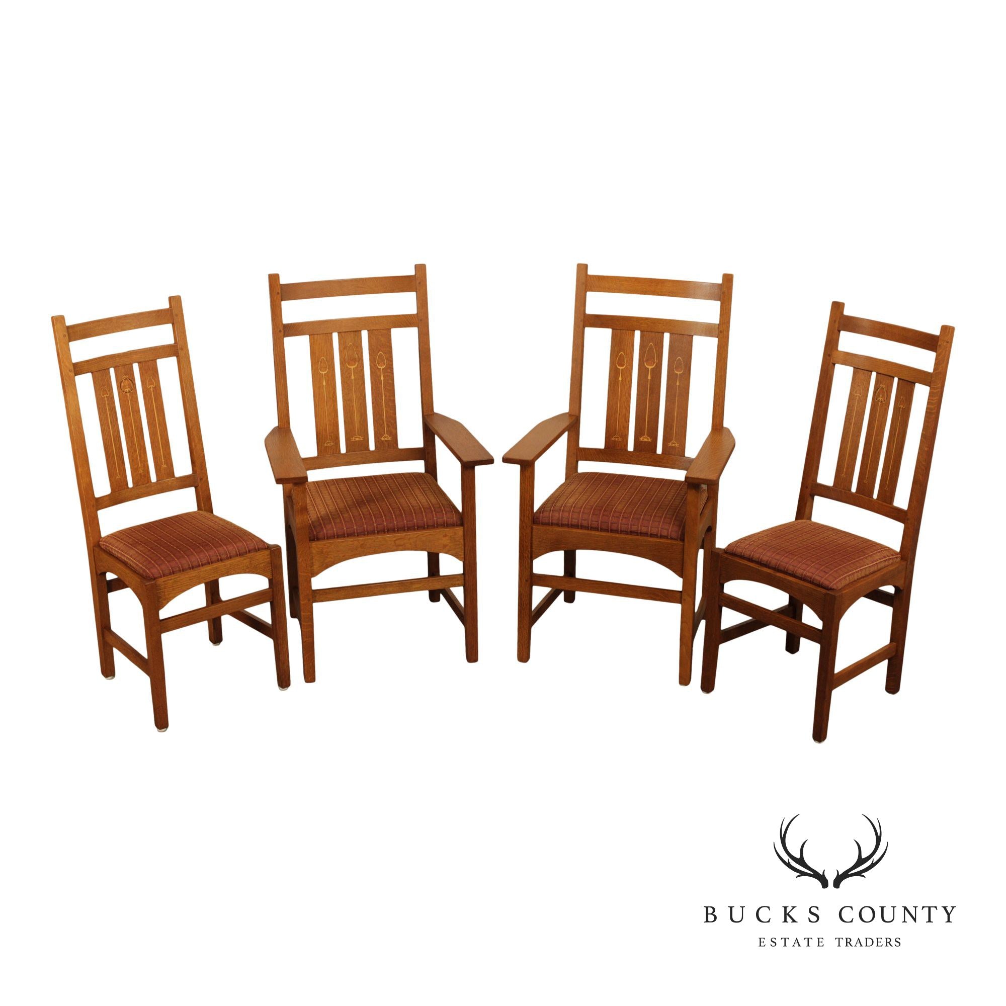 Stickley Mission Collection Set Of Four Harvey Ellis Oak Inlaid Dining Chairs