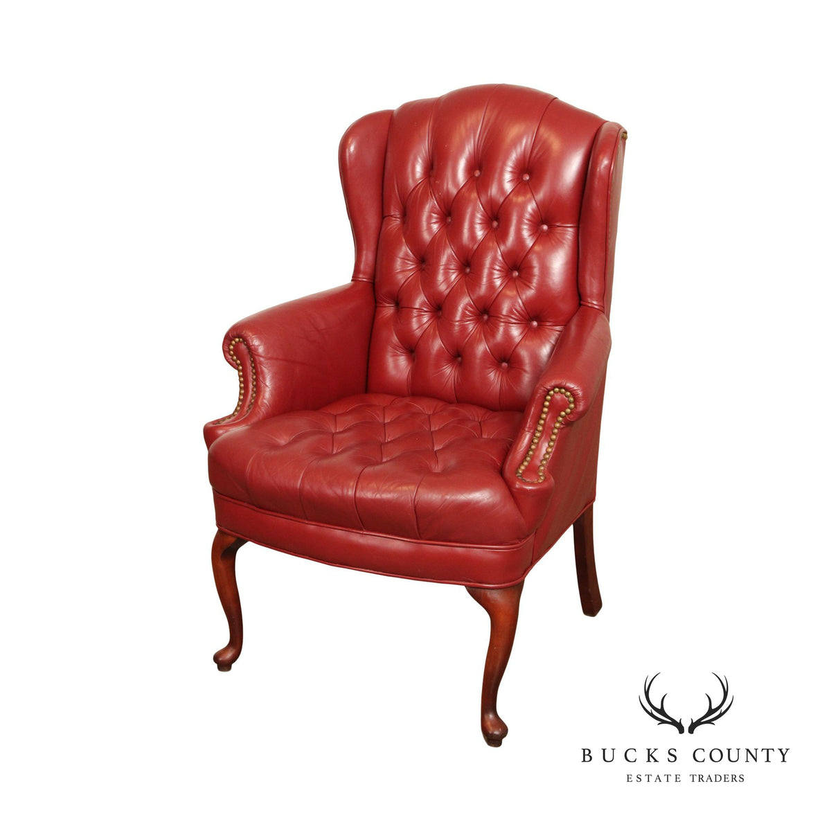 Queen Anne Style Tufted Leather Wing Chair