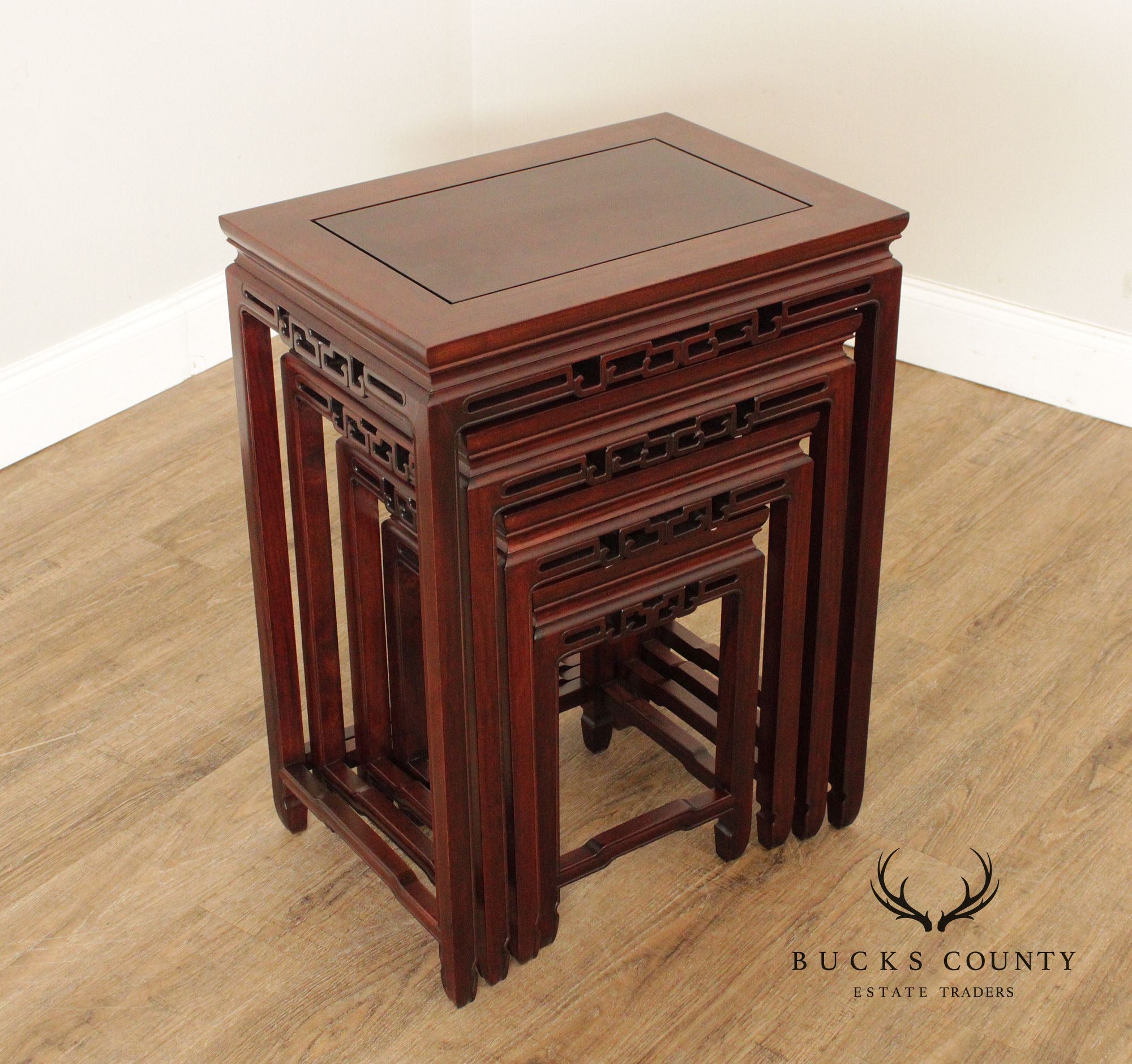 Chinese Vintage Set of Four Carved Rosewood Nesting Tables