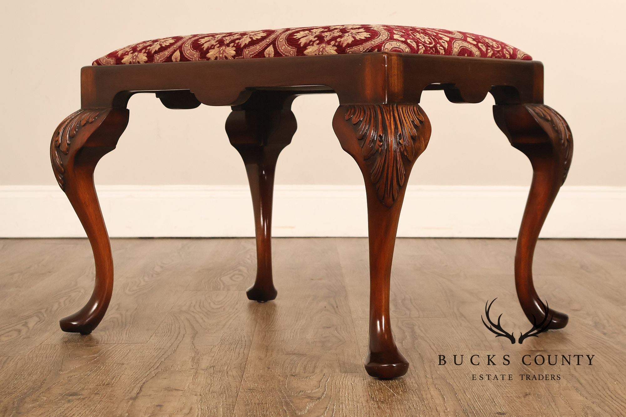 Smith & Watson Georgian Style Carved Mahogany Upholstered Stool