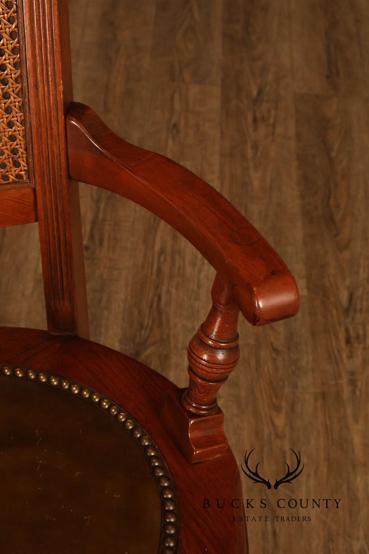 Vintage Leather and Cane Swivel Office Armchair