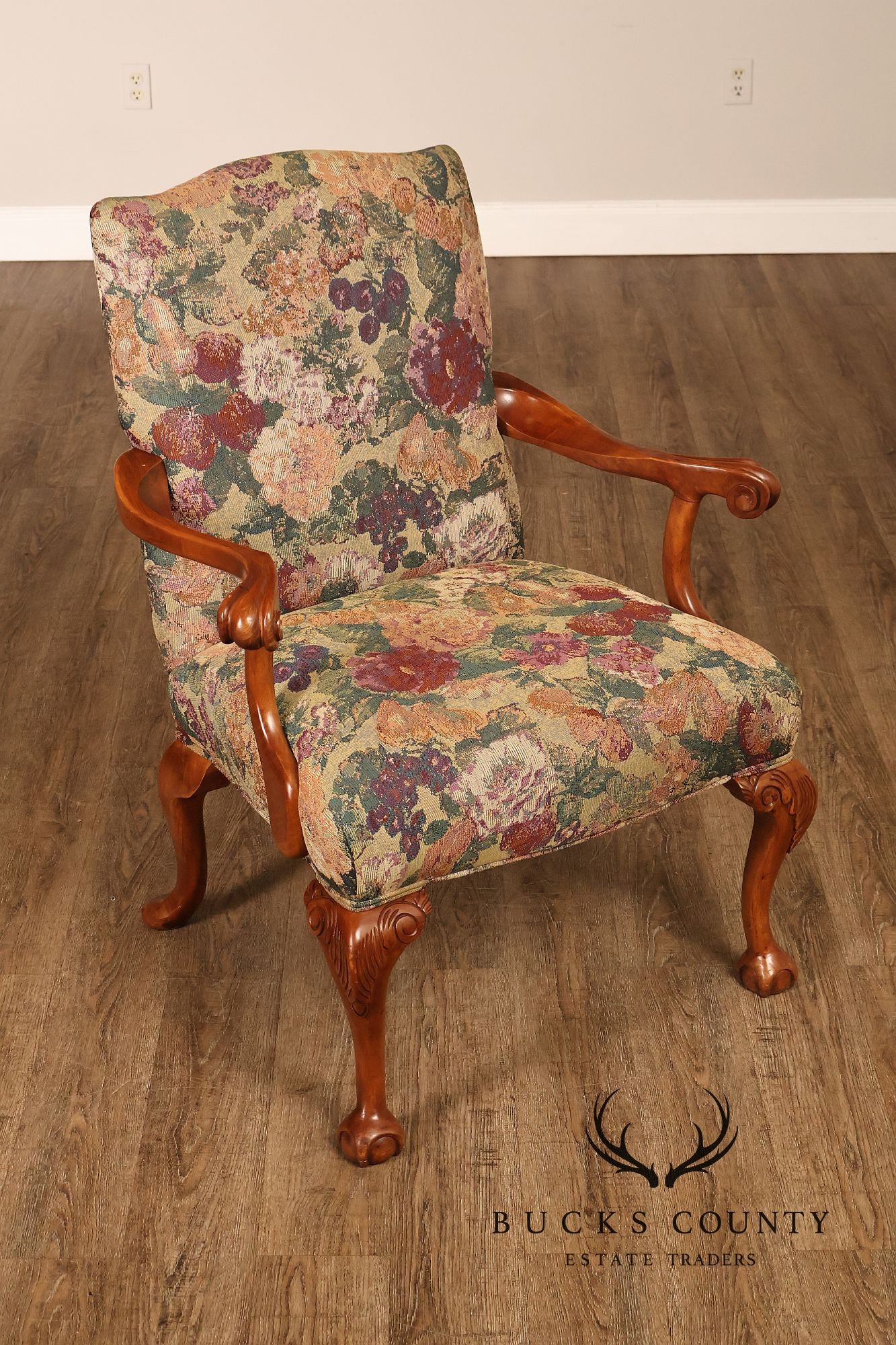 Chippendale Style Pair of Carved Frame Library Armchairs
