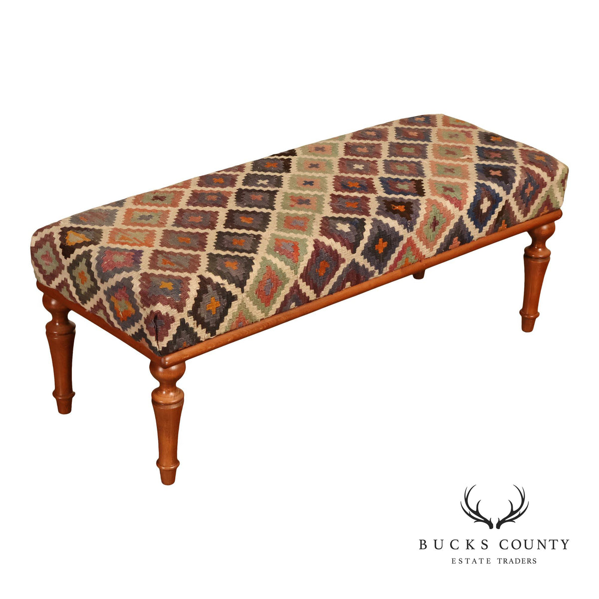 Vintage Kilim Upholstered Cherry Bench