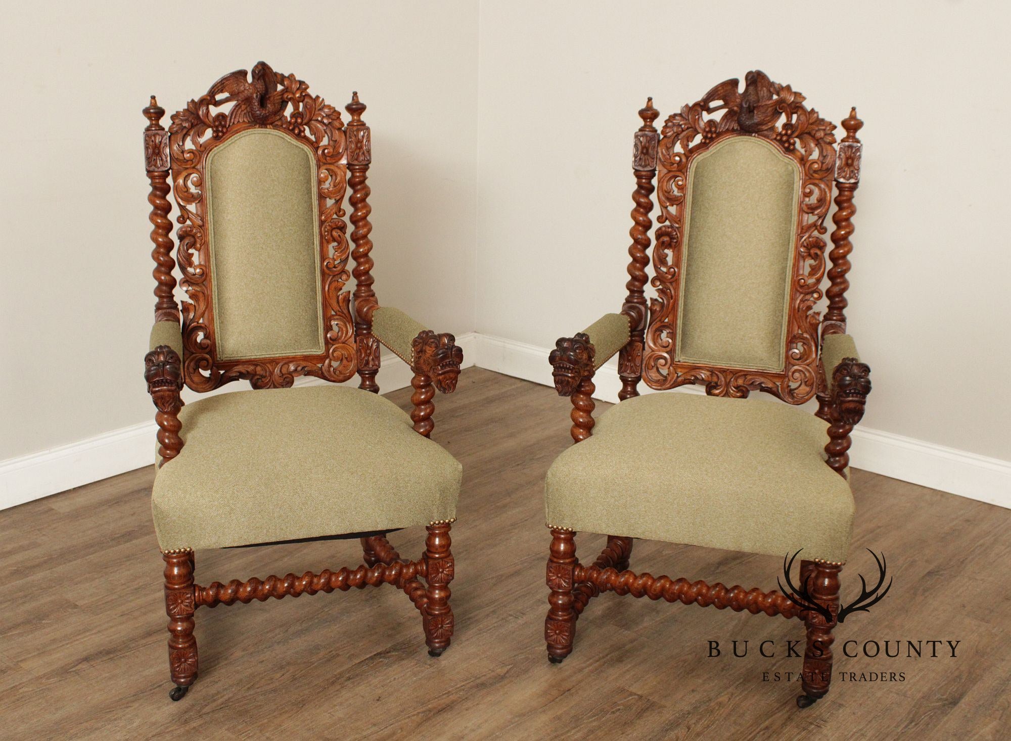 Renaissance Revival Antique Carved Oak Pair of Armchairs