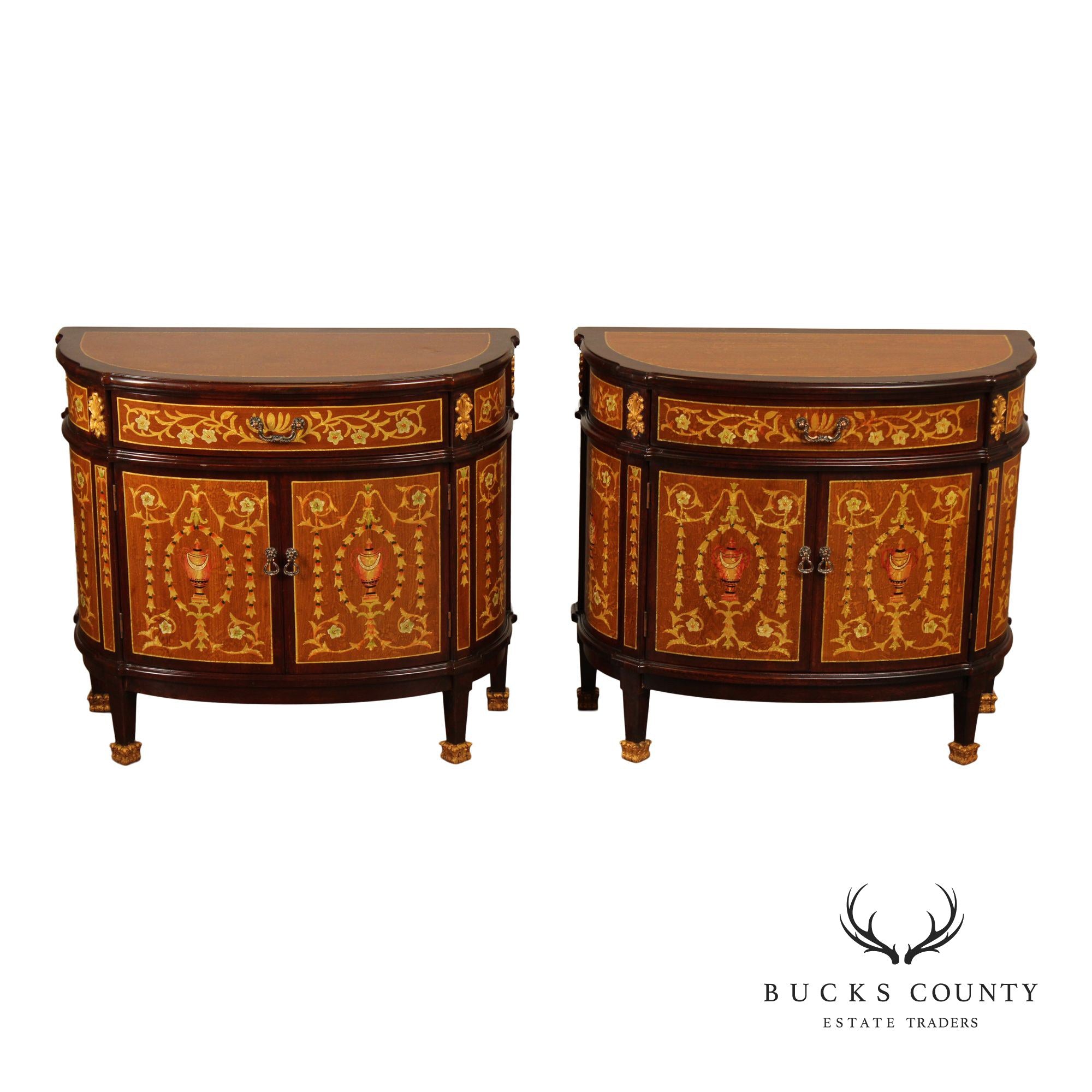 Italian Neoclassical Style Pair of Marquetry Demilune Commodes