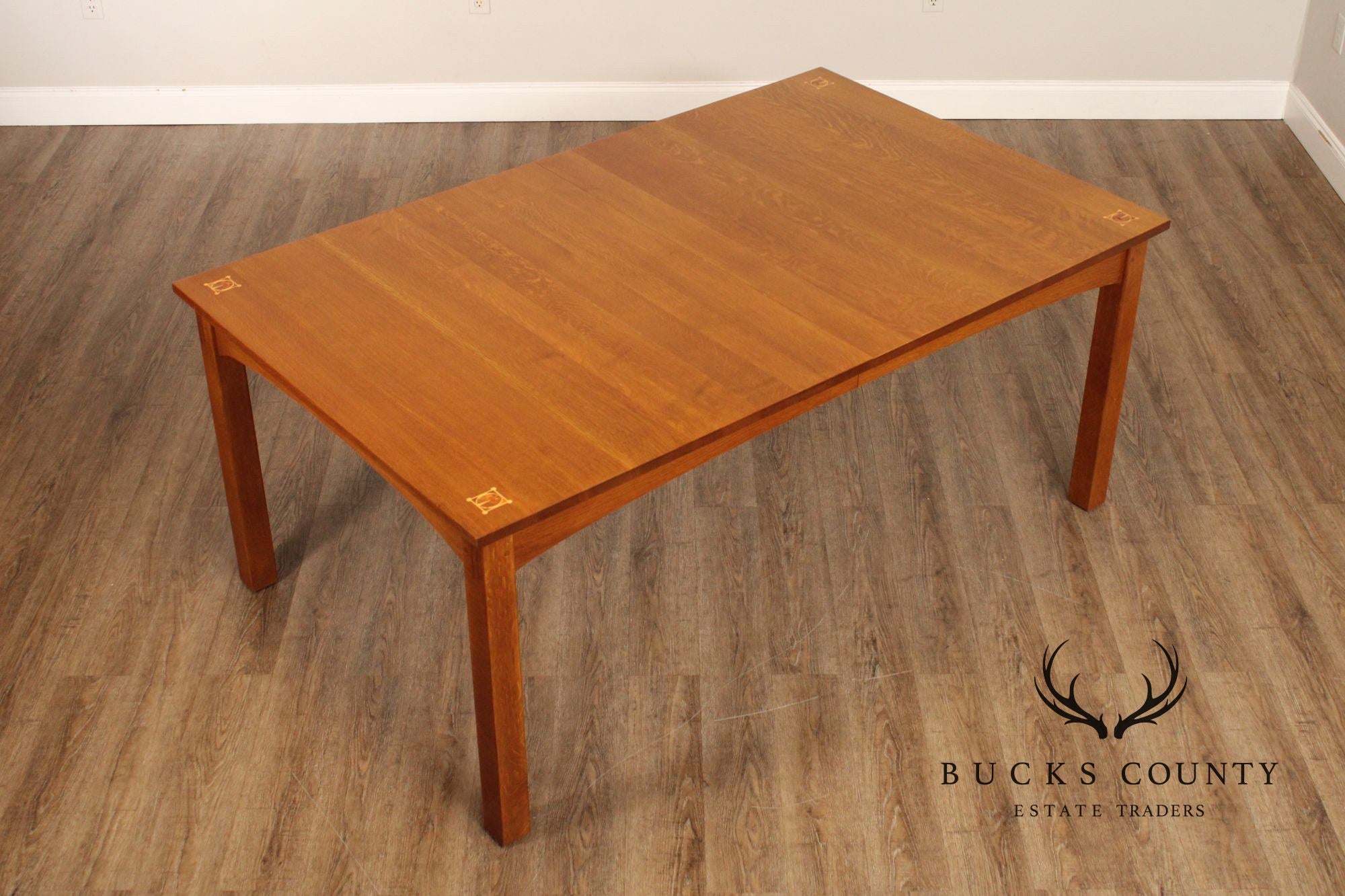 STICKLEY MISSION COLLECTION OAK HARVEY ELLIS EXTENDABLE DINING TABLE WITH INLAY