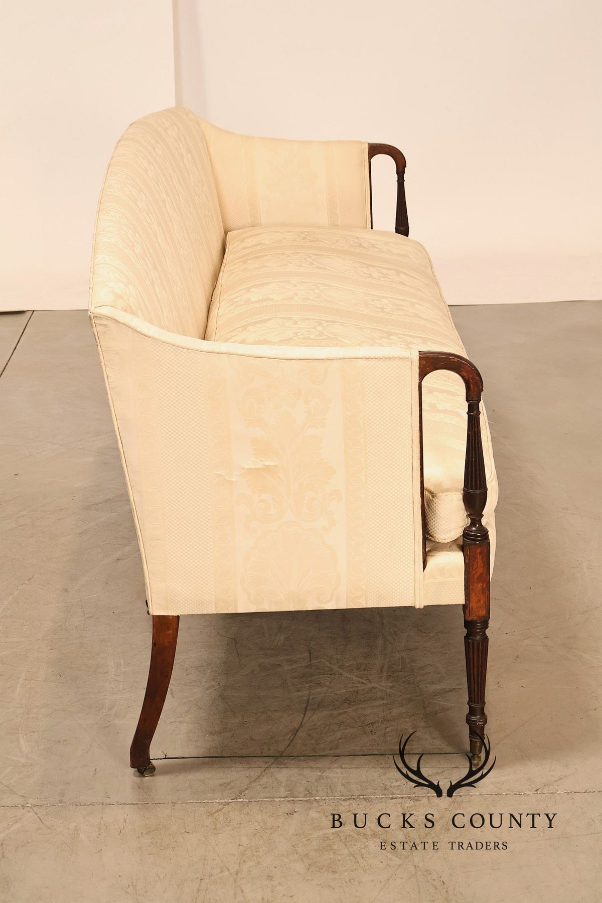 Antique Sheraton Style Mahogany Camelback Upholstered Sofa
