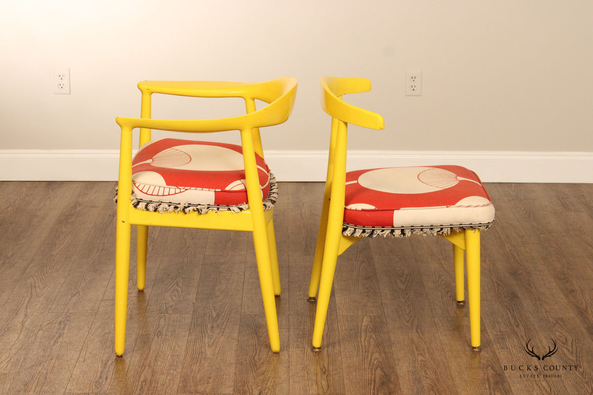 Vintage Mid Century Modern Pair Of Yellow Barrel Back Dining Chairs With Graphic Upholstery