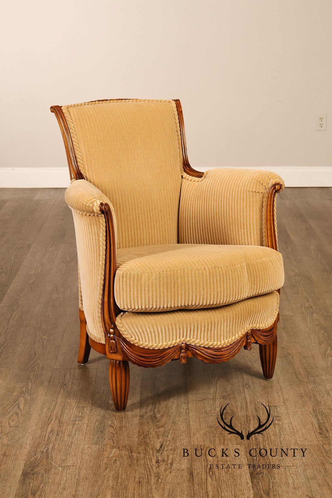 Medea Furniture Pair of  Louis XVI Style Carved Bergere Armchairs With Gold Striped Velvet Upholstery