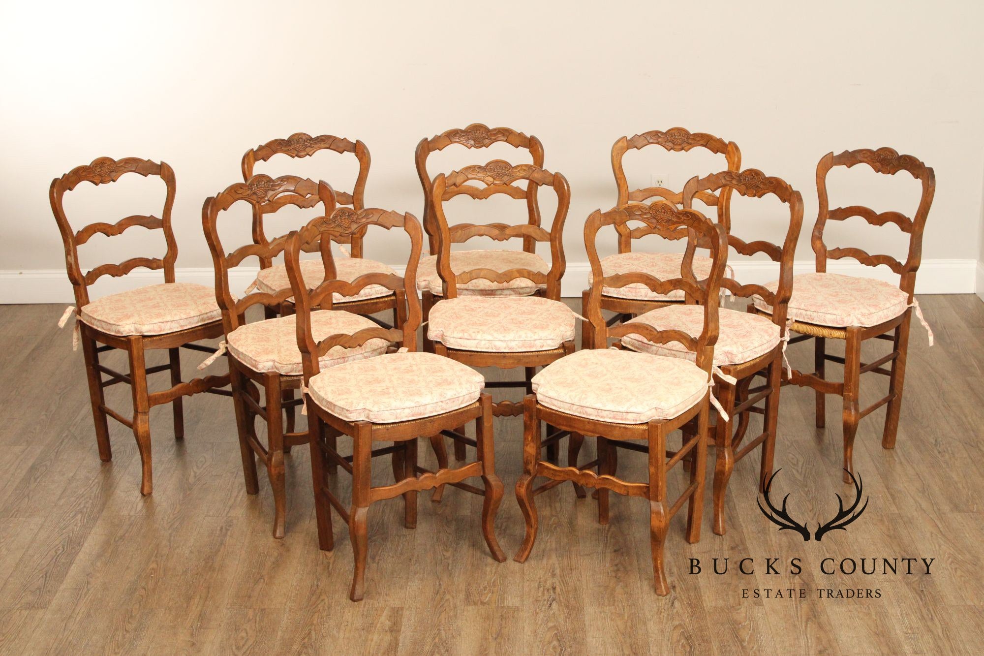 French Provincial Set Of 10 Rush Seat Dining Chairs