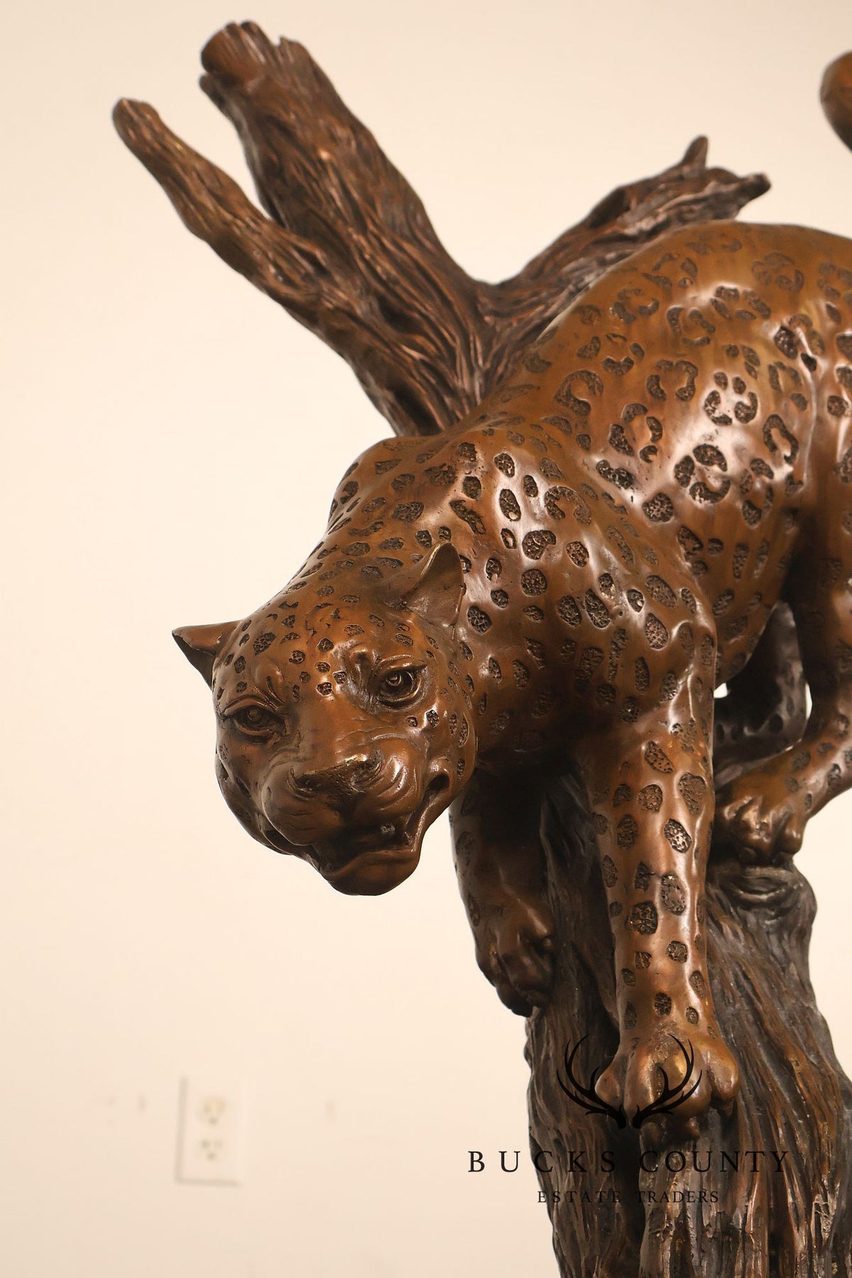 Large Bronze Leopard Sculpture On Tree Stump Base
