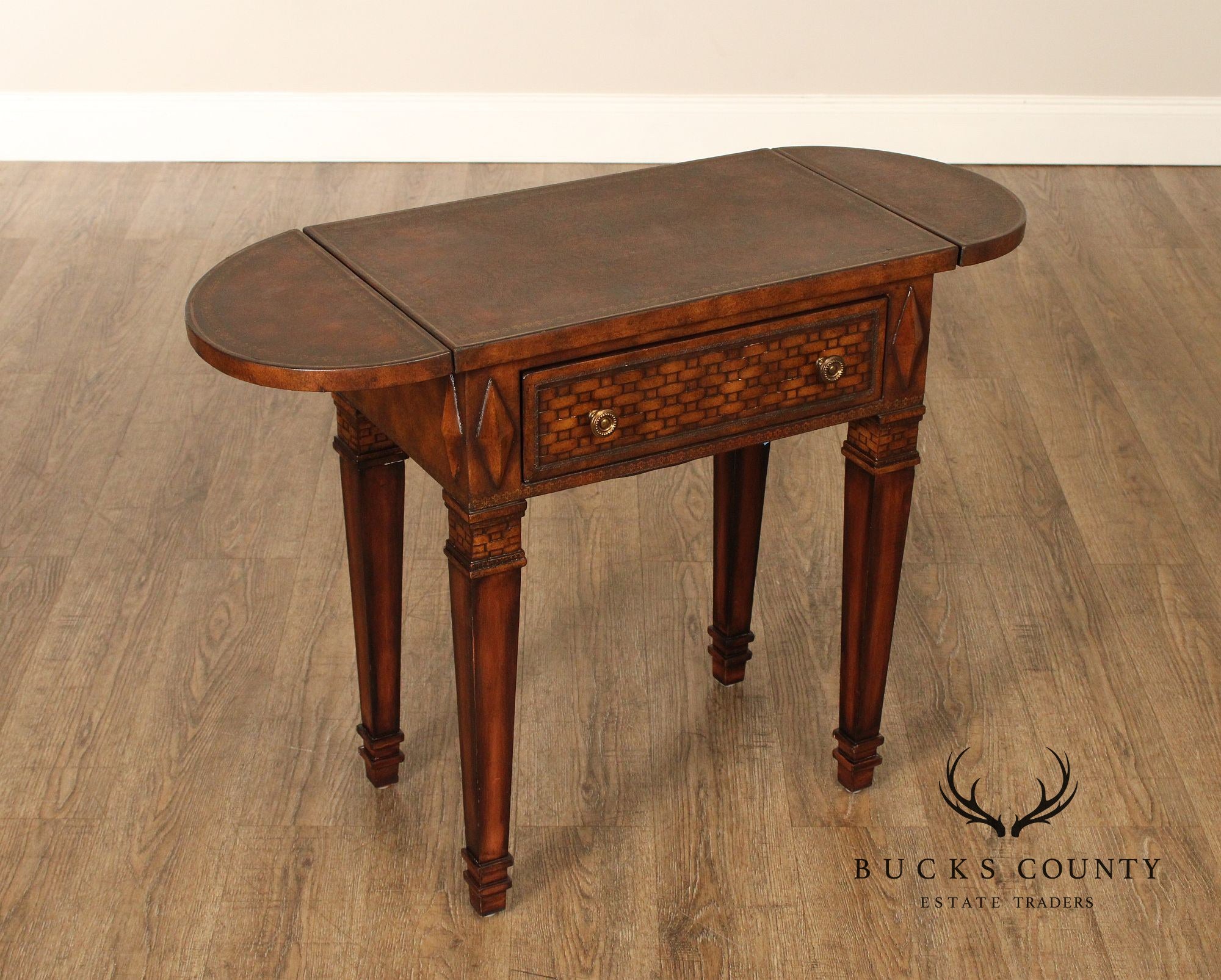 Neoclassical Style Leather Wrapped Drop-Leaf Side Table