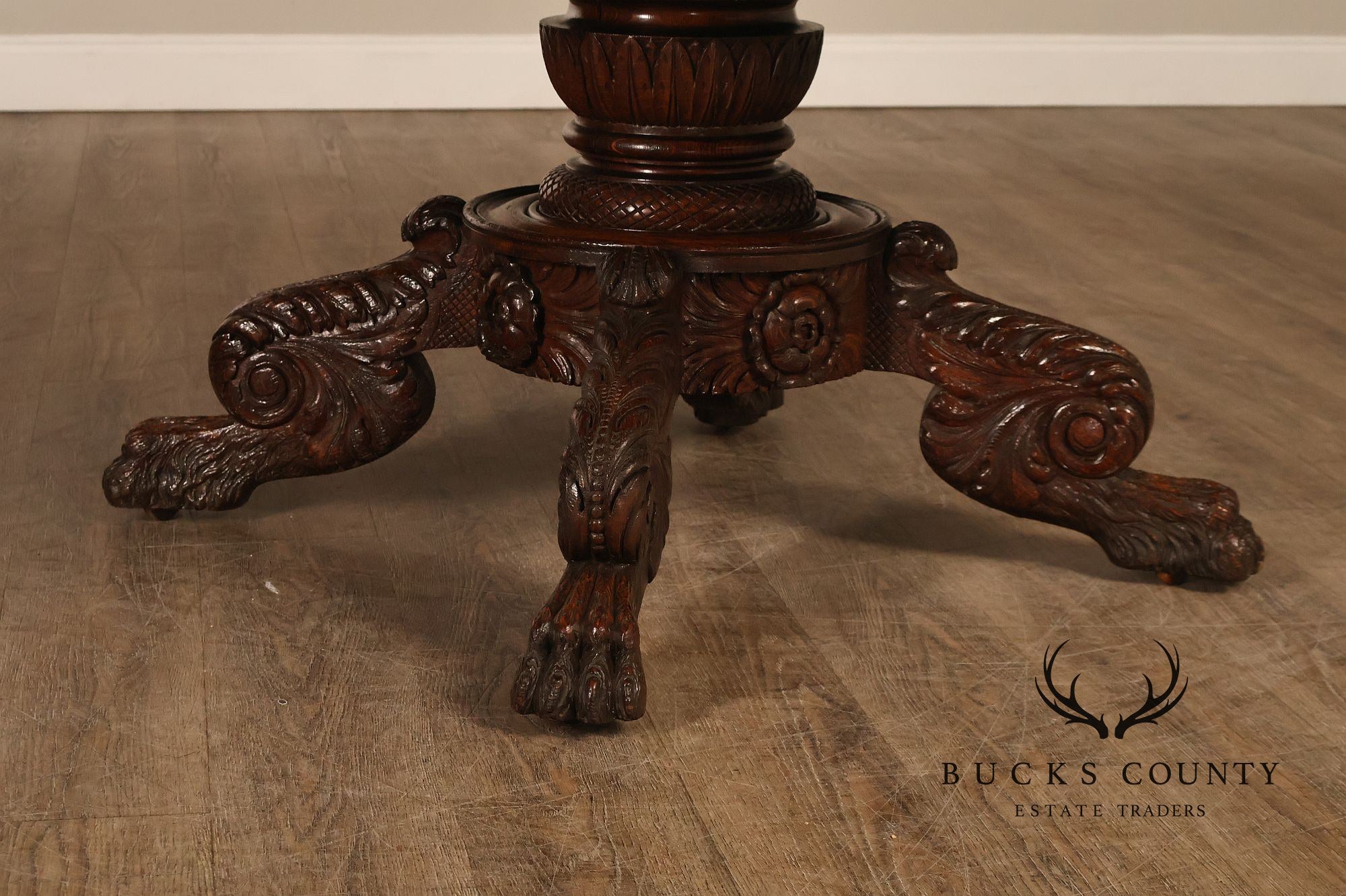 Antique 57 inch Round Oak Pedestal Dining Table With Carved Claw Feet